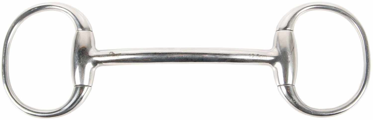 Gebiss mit geradem Mundstück und D-Ringen. Metall, silberfarben.