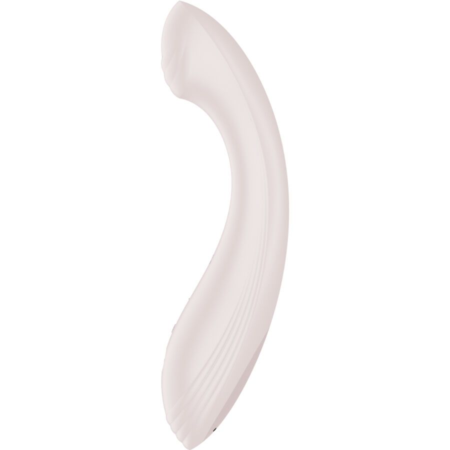 Ein heller, geschwungener Vibrator mit geriffelten Akzenten und einem glatten, ergonomischen Griff.