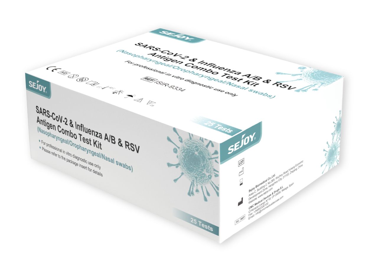 Weißer Karton mit Aufschrift SARS-CoV-2 & Influenza A/B & RSV Antigen Combo Test Kit. Marke SEJOY. 25 Tests.