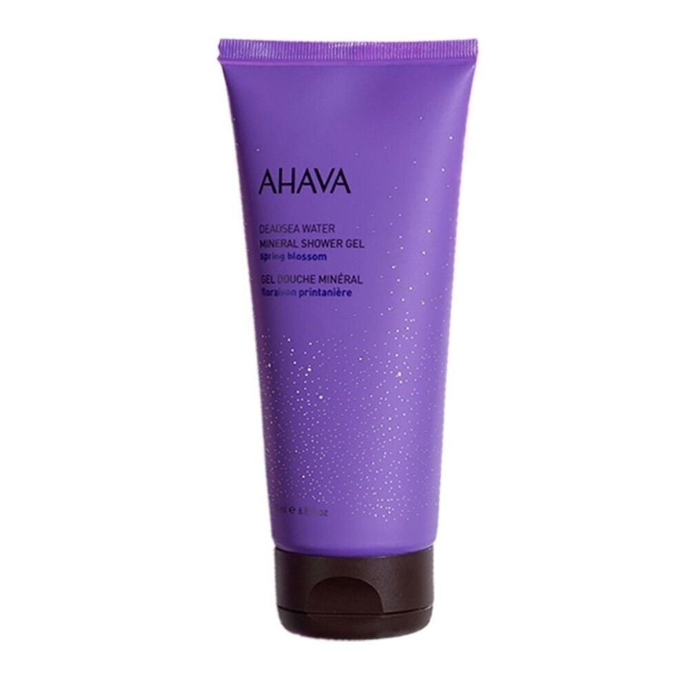 Lila Tube AHAVA Mineral Duschgel Spring Blossom mit dunklem Verschluss. 200 ml.