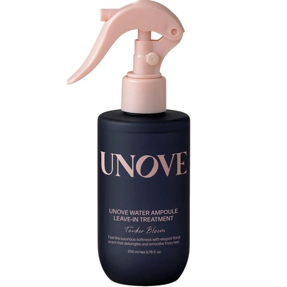 Dunkelblaue Sprühflasche mit UNOVE Schriftzug und rosa Sprühkopf. Leave-in Treatment.
