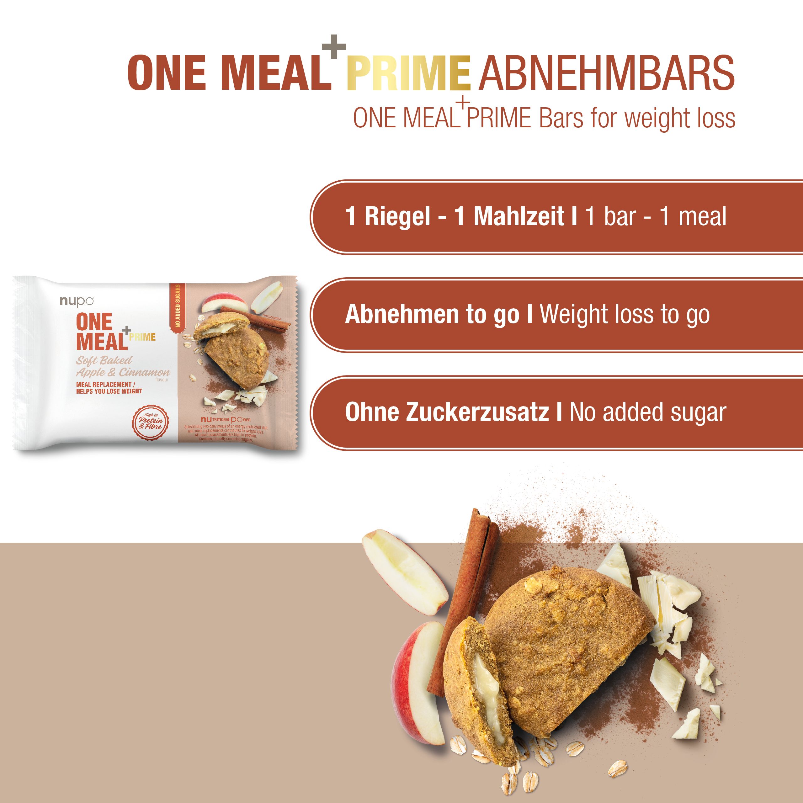 Verpackung eines Soft Baked Apple-Cinnamon Riegels. Text: 1 Riegel - 1 Mahlzeit, Abnehmen to go, Ohne Zuckerzusatz. Produktabbildung mit Zutaten.
