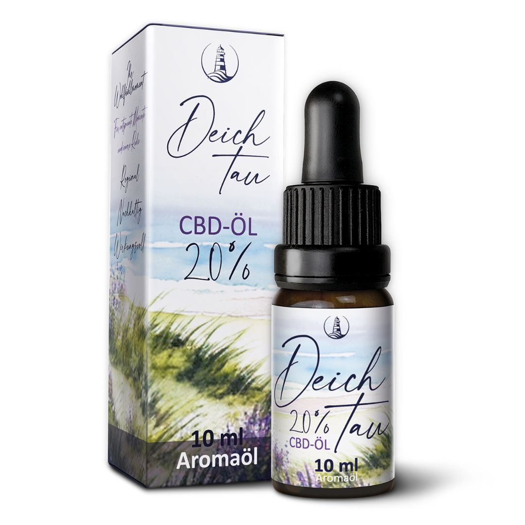 DeichTau CBD-Öl 20% Flasche und Faltschachtel mit Leuchtturm-Logo und Strandmotiv.
