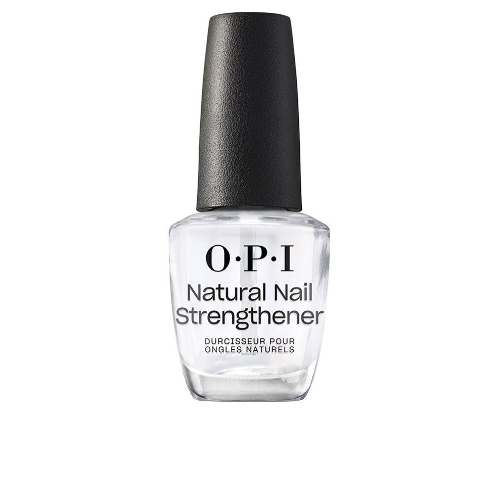 Klare Nagellackflasche mit schwarzem Deckel. O.P.I Natural Nail Strengthener-Etikett. Französische Aufschrift: Durcisseur pour ongles naturels.