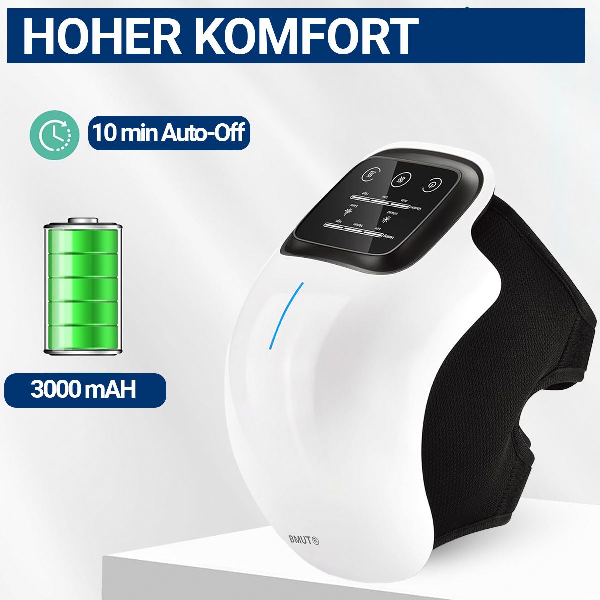 Weißes Knie-Massagegerät mit schwarzem Band. Text: Hoher Komfort, 10 min Auto-Off, 3000 mAh Batterie. BMUT-Logo.