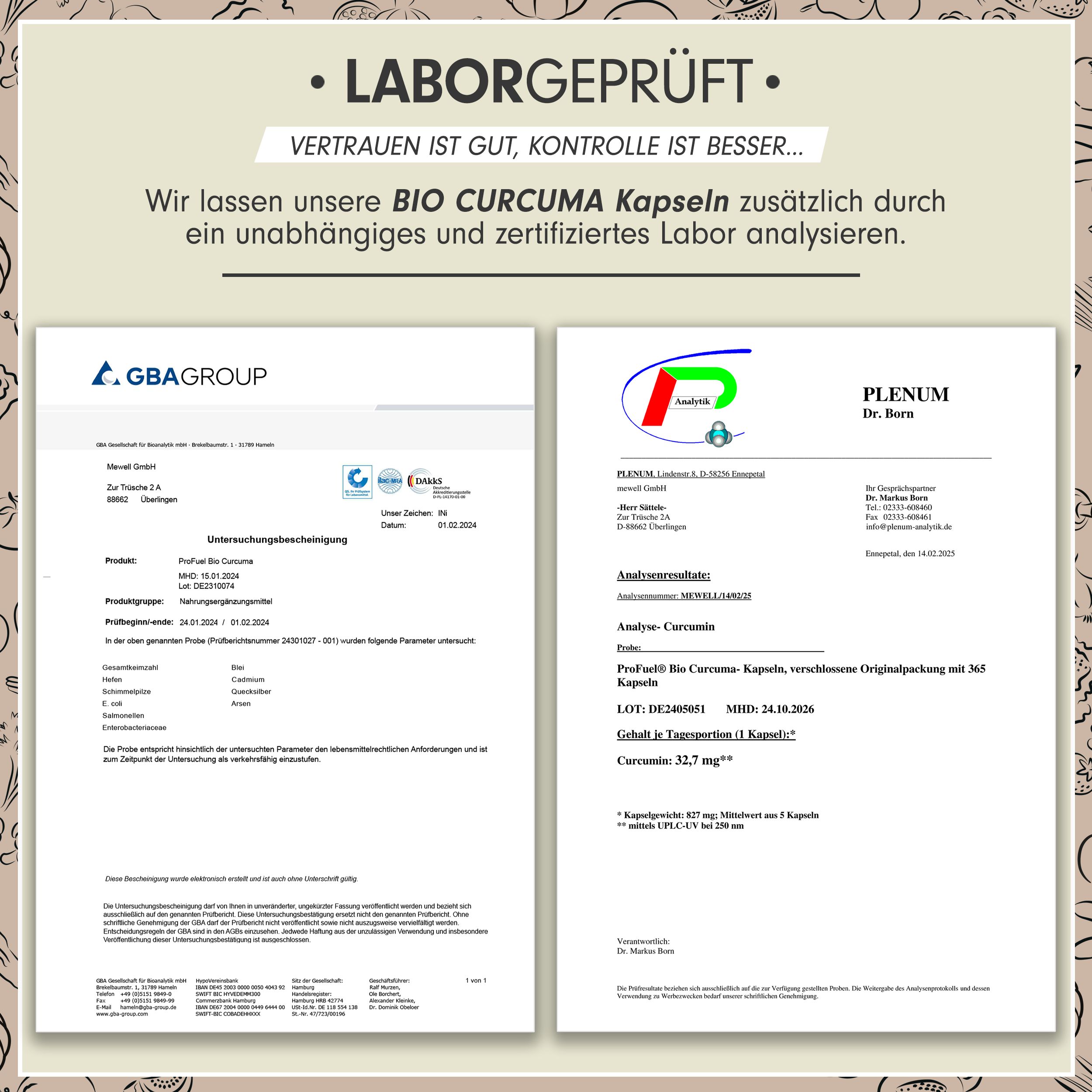 Zwei Laborberichte. Aufschrift: Bio Curcuma Kapseln. Zertifikate von GBA Group und Plenum Dr. Born.