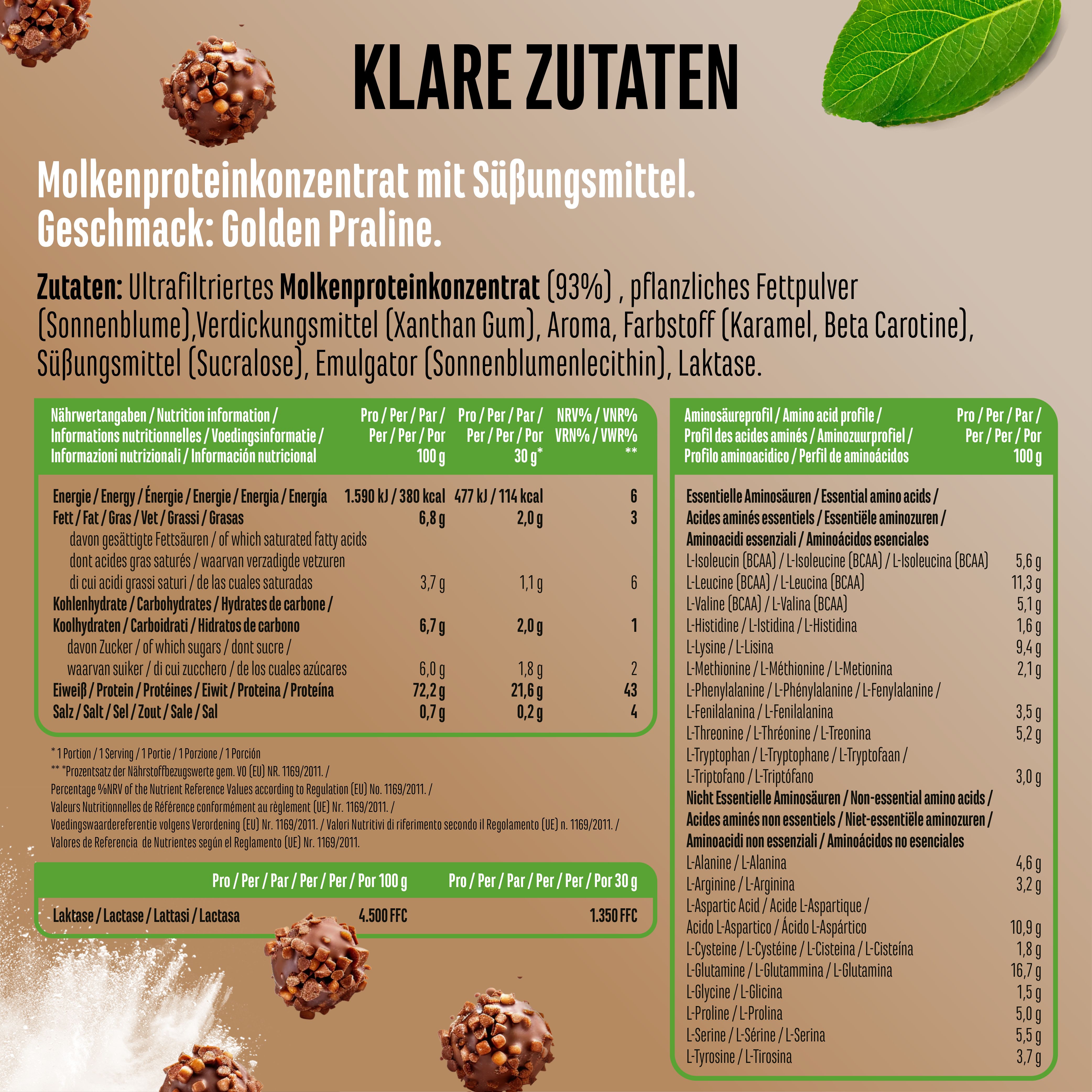 Nährwerttabelle von "Yummy Whey Protein". Enthält Informationen zu Inhaltsstoffen und Nährwerten pro Portion und 100g.