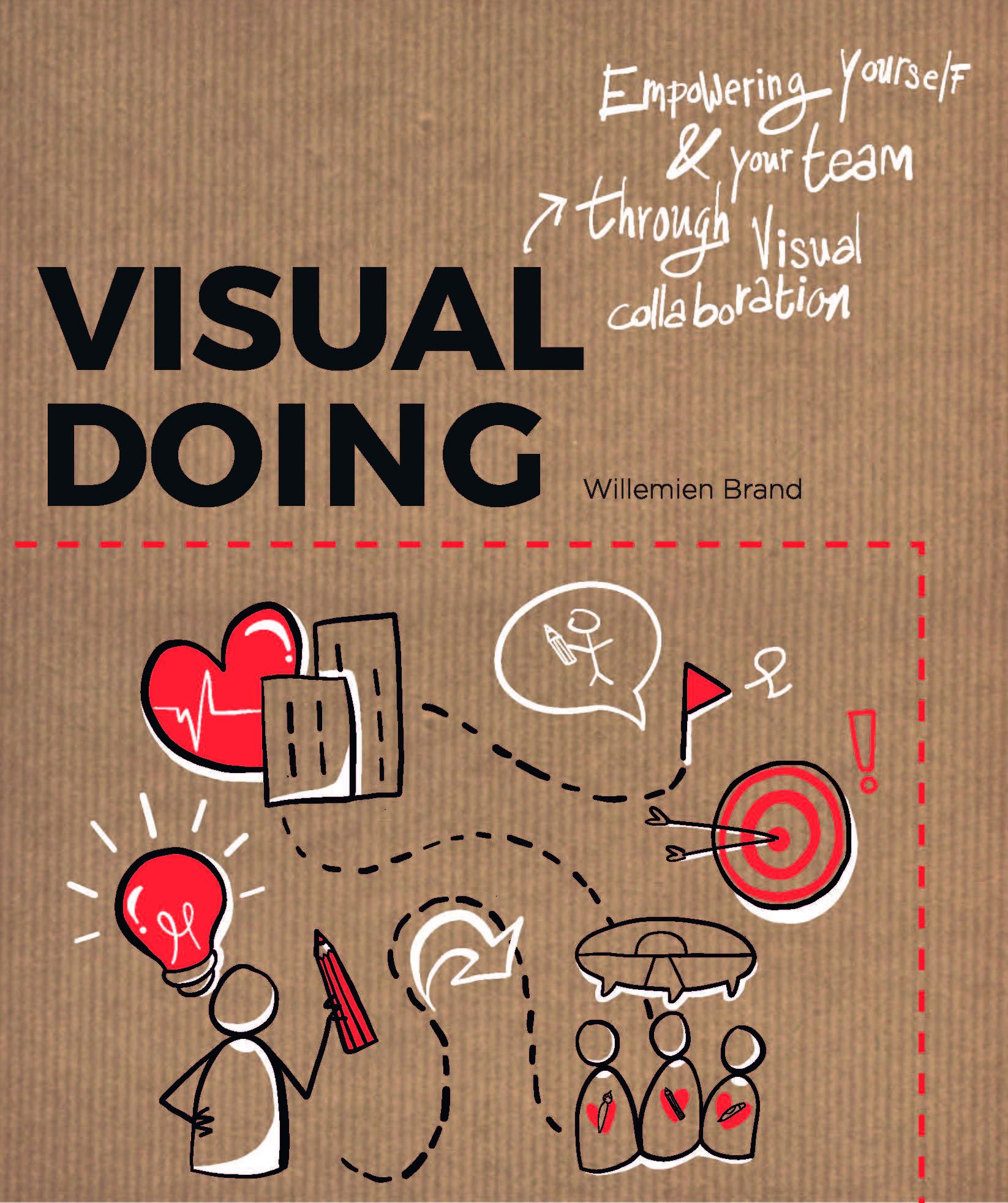 Buchcover mit Titel "Visual Doing". Illustrationen: Herz, Gebäude, Glühbirne, Zielscheibe. Autor: Willemien Brand.