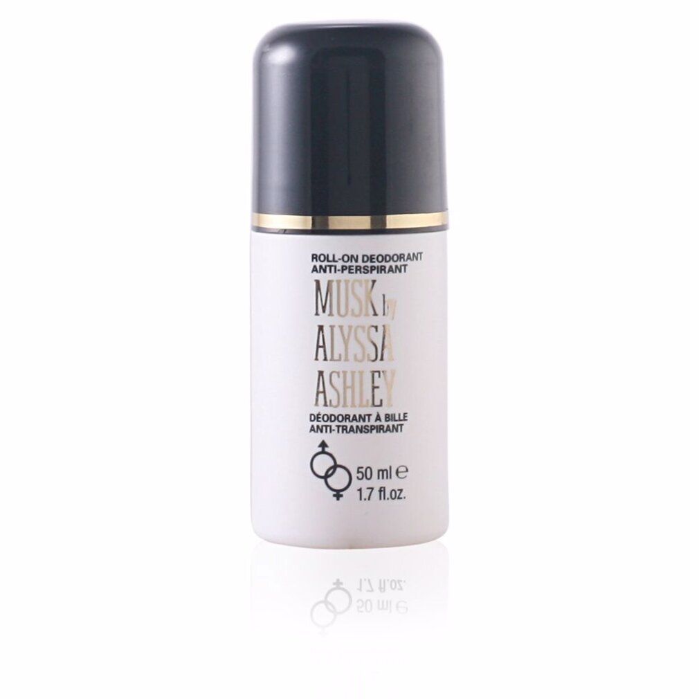 Roll-on-Deodorant mit schwarzem Deckel. Beschriftung: Musk by Alyssa Ashley, 50 ml, Anti-Transpirant. Spiegelung.