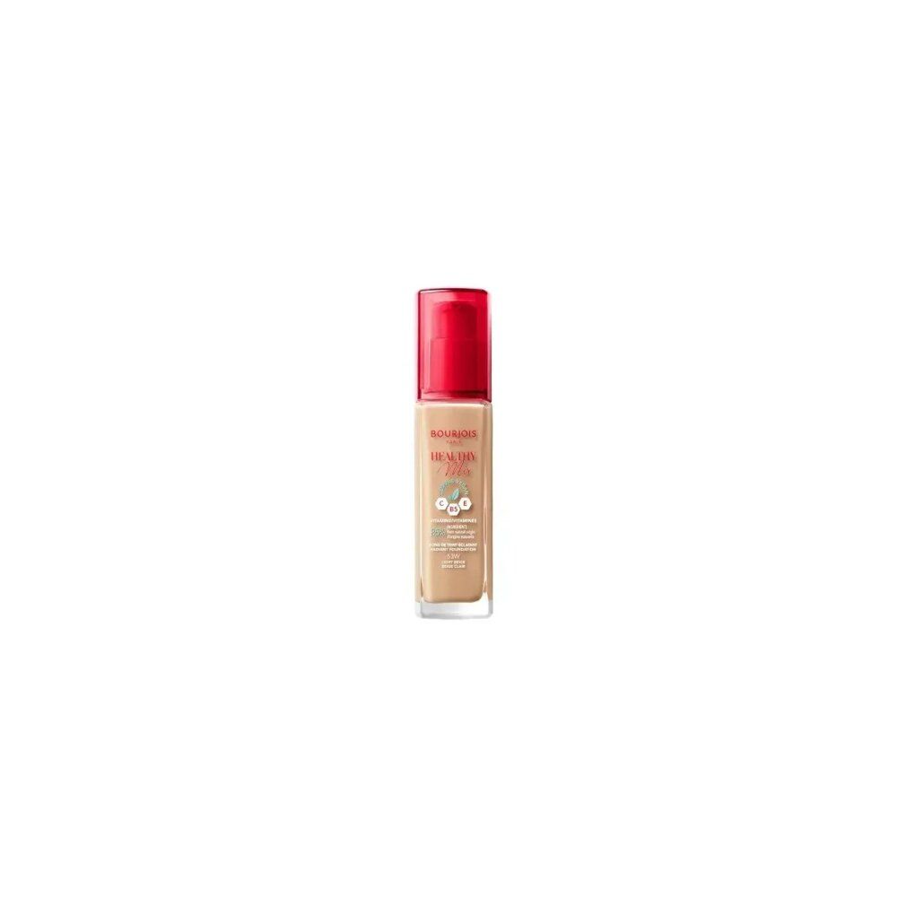 Bourjois Healthy Mix Foundation, hellbeige. Roter Deckel, transparente Flasche, Produktbezeichnung und Inhaltsstoffe.