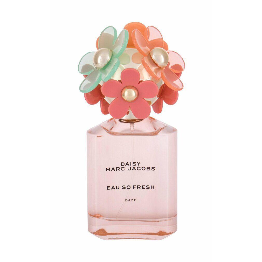 Parfümflakon. Rosa Flüssigkeit. Blumiger Verschluss. Aufschrift: Daisy Marc Jacobs Eau So Fresh Daze.