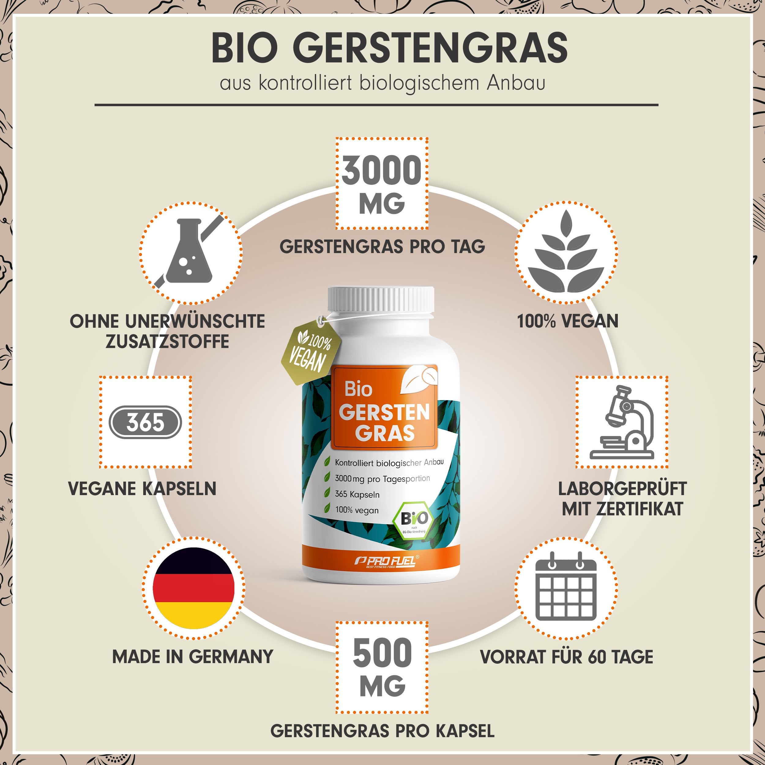 Weiße Kapsel-Dose mit Aufschrift Bio Gerstengras. 3000 mg pro Tag, 100% vegan. Siegel: 100% Vegan. Hergestellt in Deutschland. Laborgeprüft.
