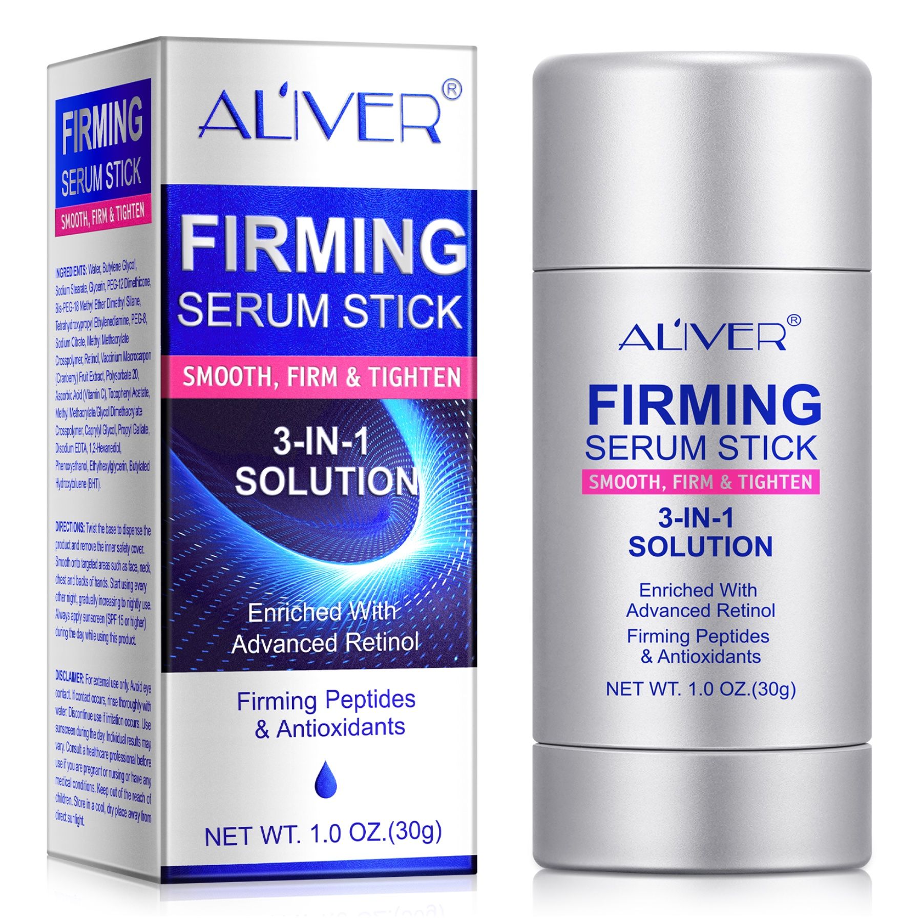 ALIVER Firming Serum Stick und Verpackung. Enthält Retinol, Peptide und Antioxidantien. 3-in-1 Lösung.