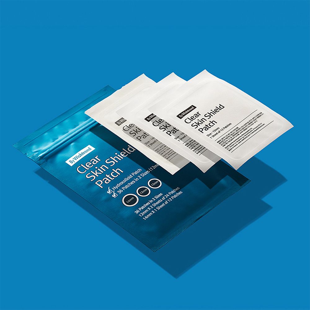 Produktverpackung mit Produktnamen und Details. Enthält 36 Pflaster in 2 Bögen. Größen: 12mm, 10mm, 14x23mm. Auf blauem Hintergrund.