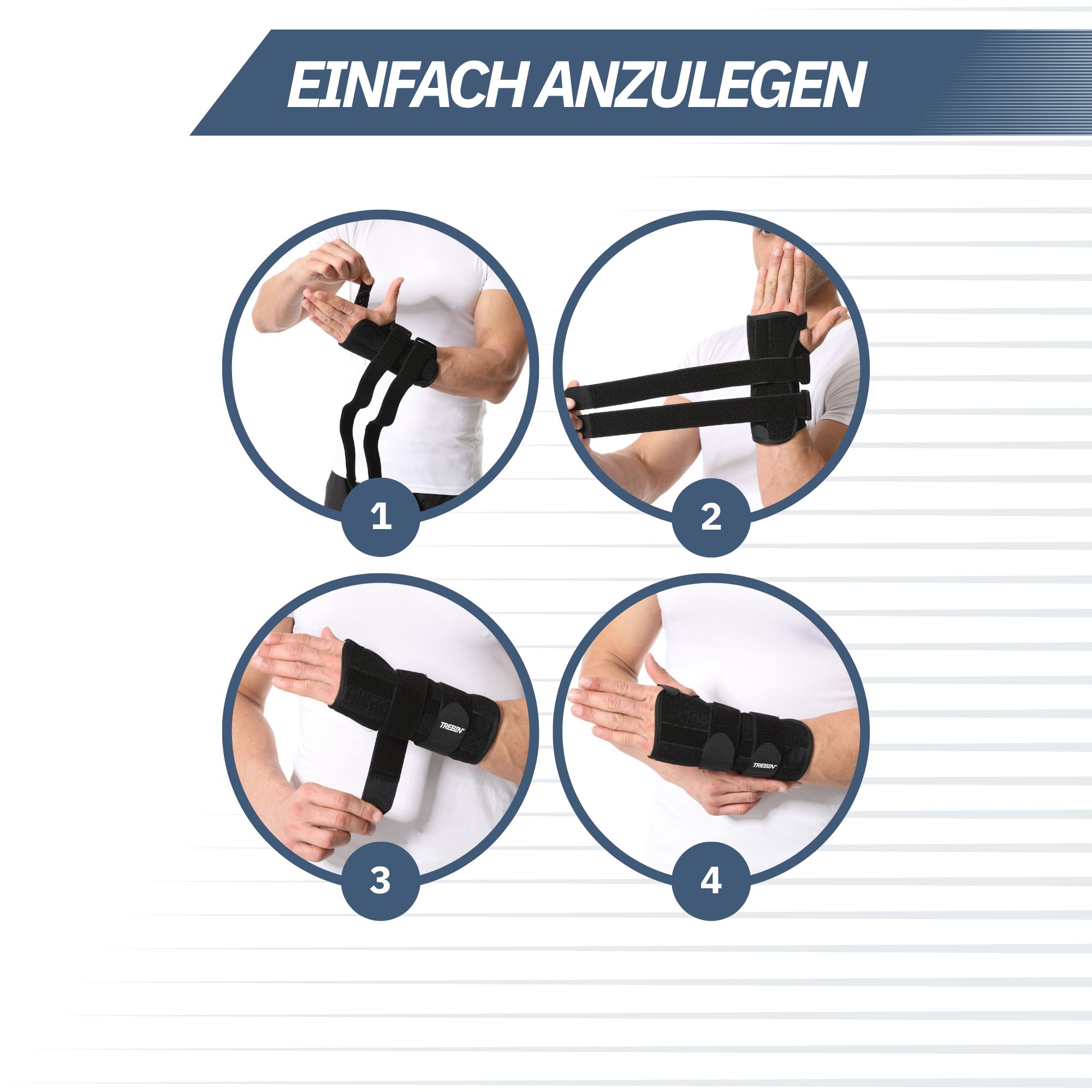 Anleitung zum Anlegen einer Handgelenkbandage in vier Schritten.