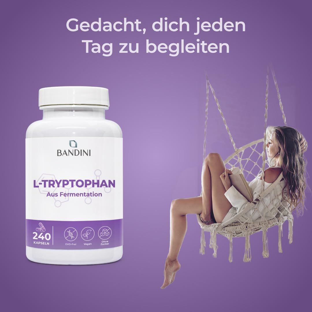 Flasche mit L-Tryptophan Kapseln, 240 Stück, natürliche Formel, ohne Zusatzstoffe.