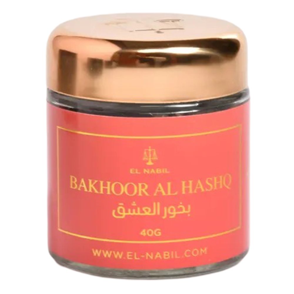Glasbehälter mit goldfarbenem Deckel. Roter Aufkleber mit Text: Bakhoor Al Hashq, Marke El Nabil, 40g.