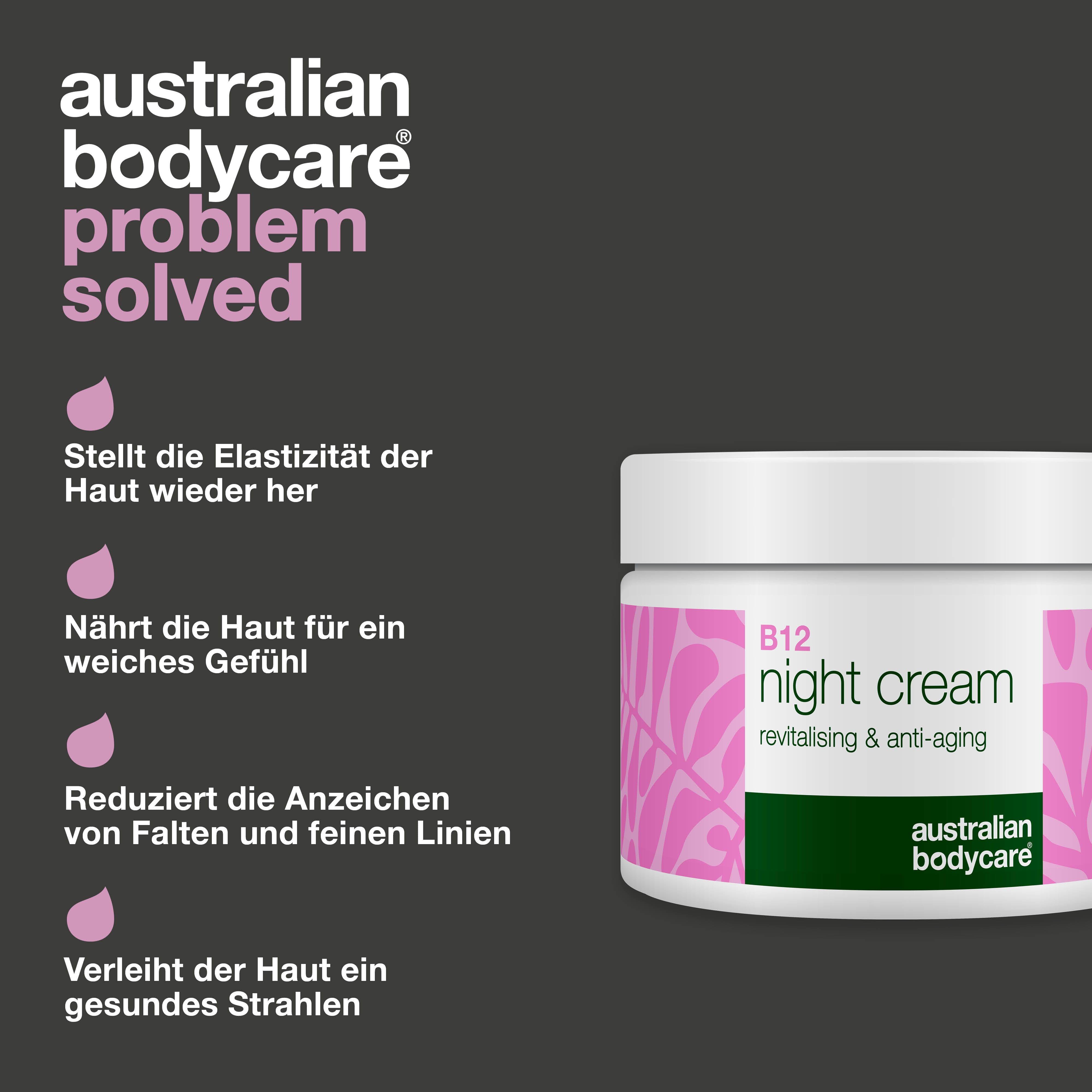 Creme-Tiegel mit Text. Rosa Tropfen. Text: Australian Bodycare, Problem gelöst.