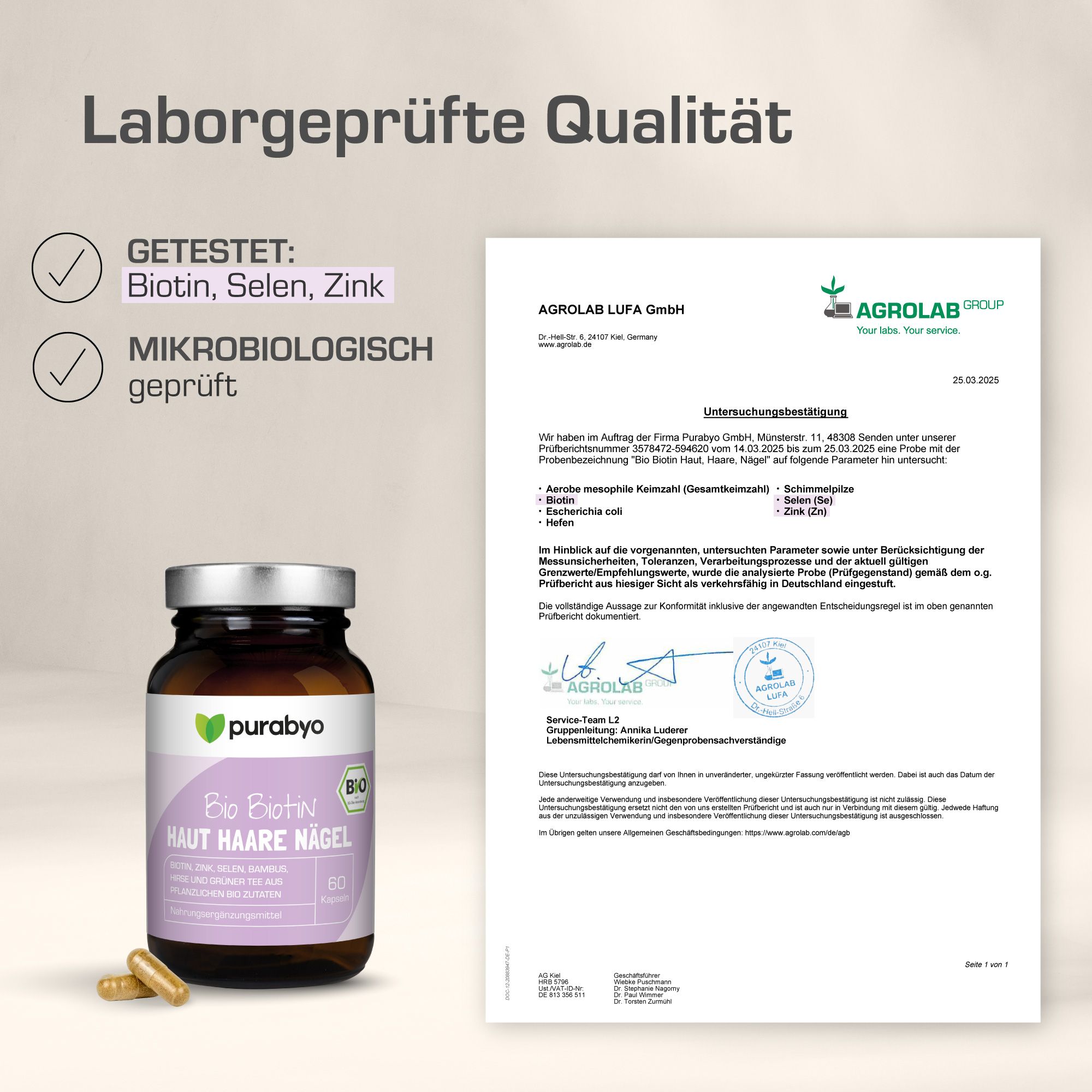 Produktflasche und Dokument. Getestet: Biotin, Zink, Selen. Mikrobiologisch geprüft. Laborgeprüfte Qualität.