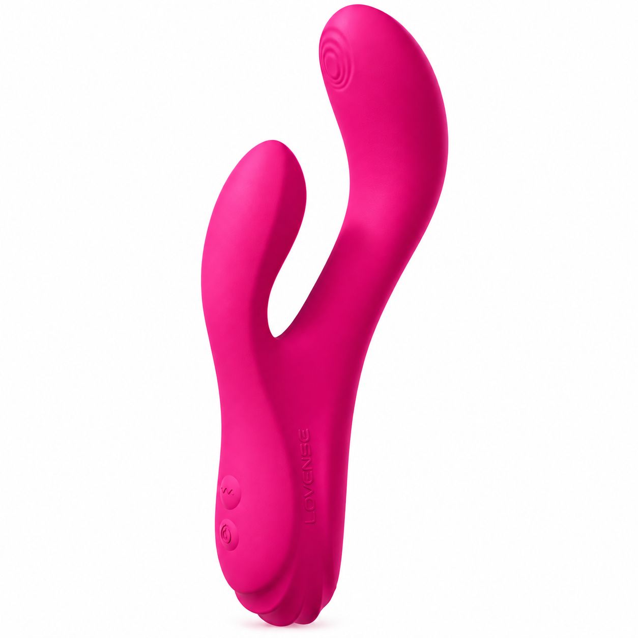 Pinker Vibrator mit zwei Armen und dem Markennamen auf dem Griff.