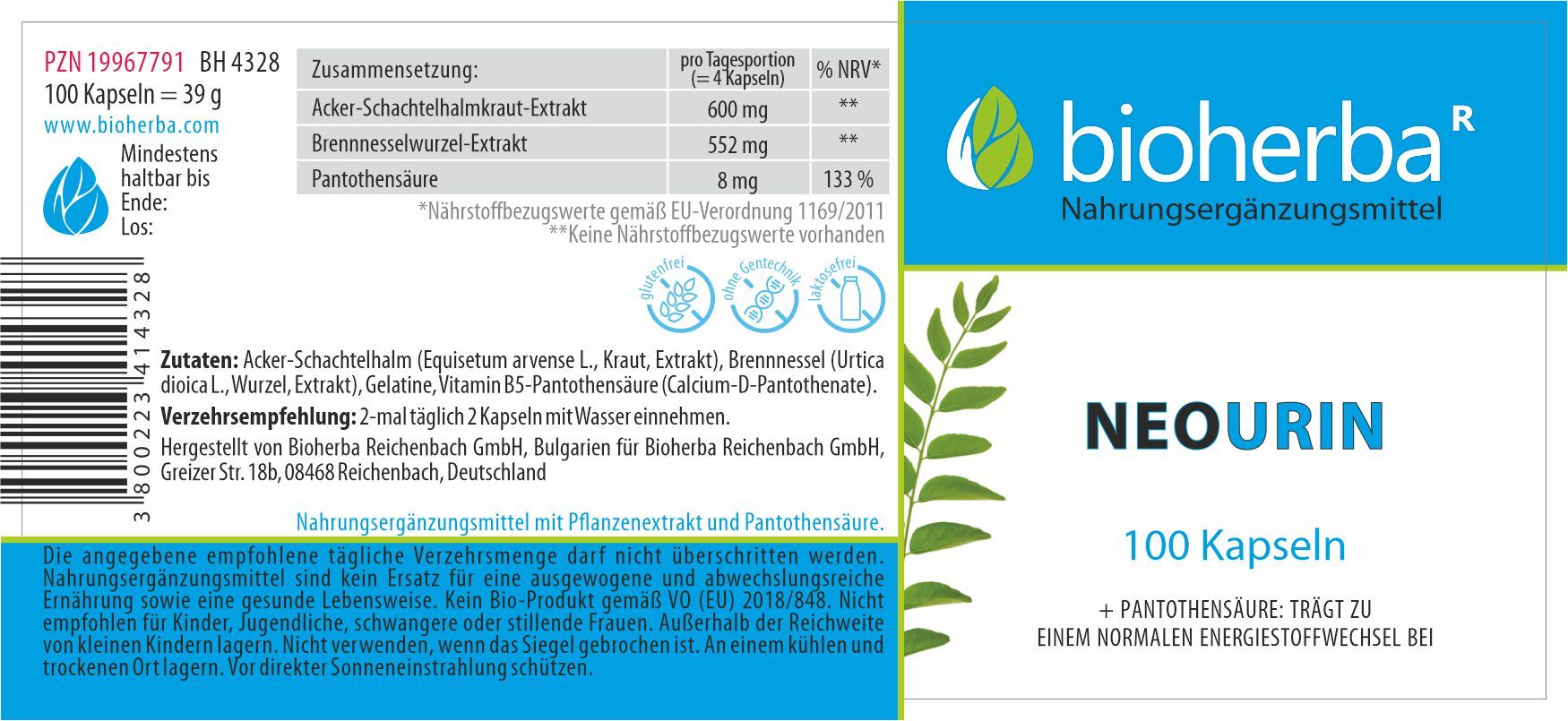 Etikett mit Inhaltsstoffen und Informationen. "bioherba" und "NEOURIN" sind sichtbar. 100 Kapseln.