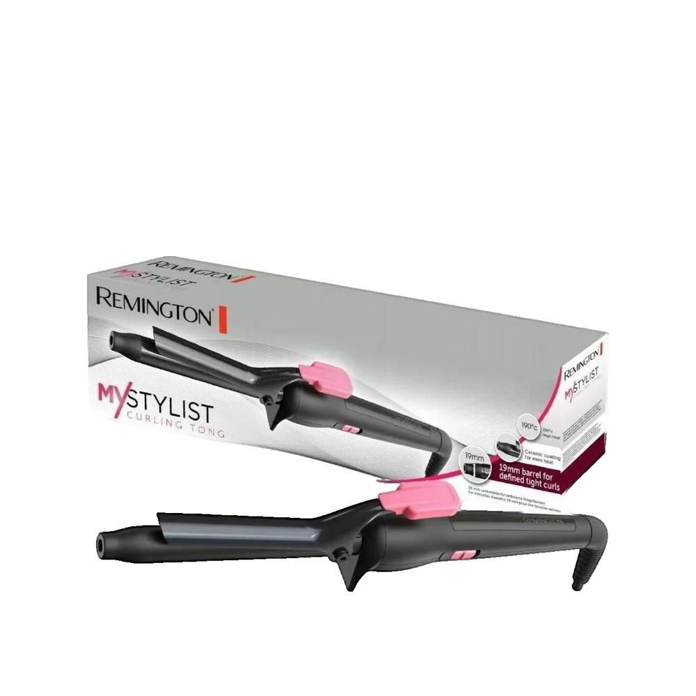 Schwarzer Lockenstab mit pinkfarbenem Element. Verpackung mit Produktabbildung und Text. Remington.