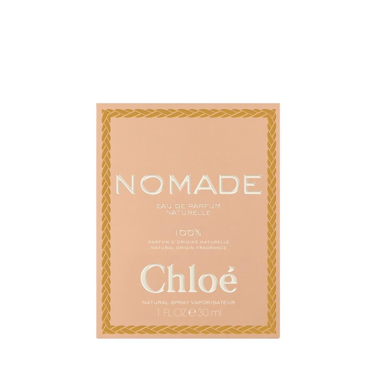 Verpackung mit Aufschrift NOMADE, Chloé. Rosa Hintergrund mit goldfarbenem Rahmen. Enthält Informationen zum Produkt.