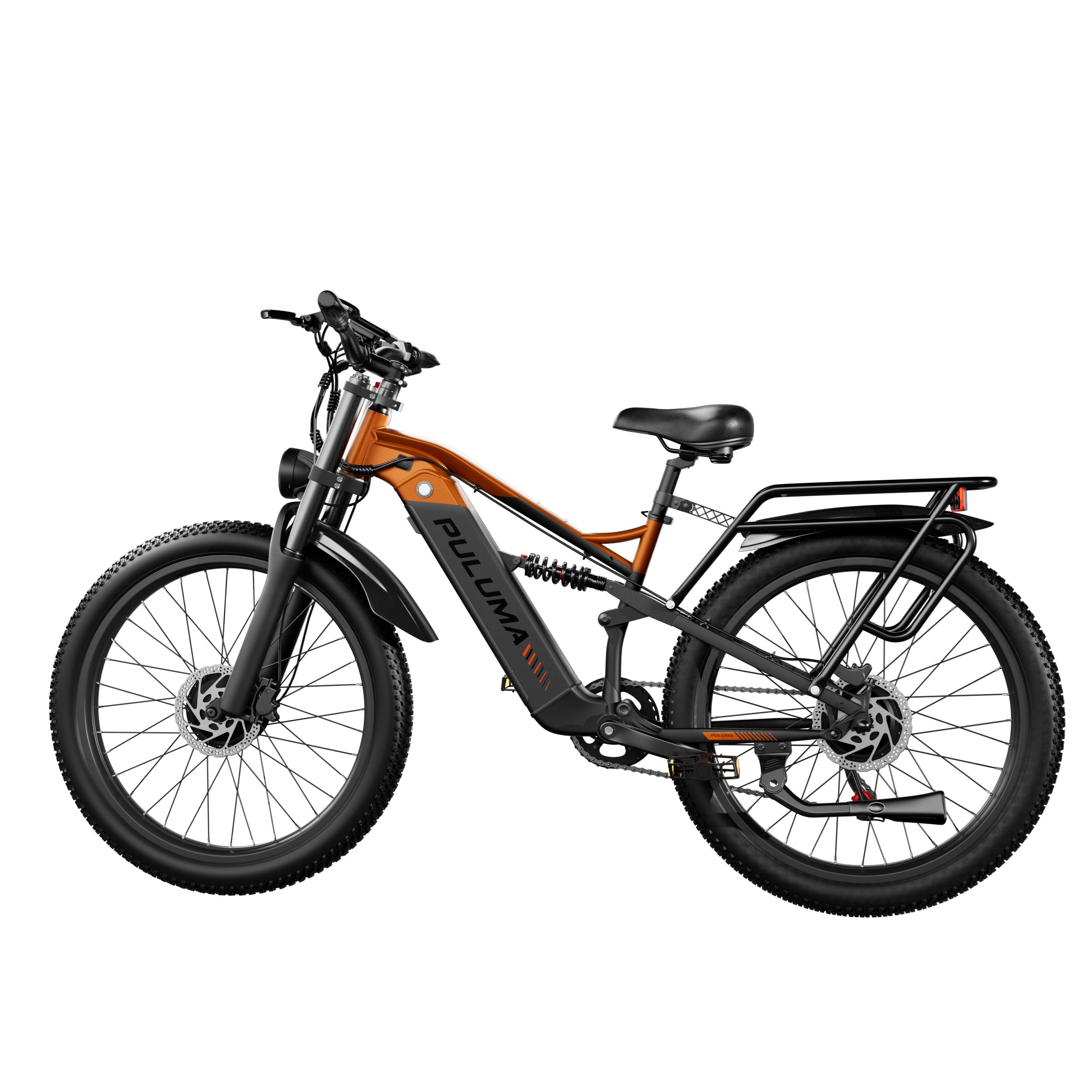 Elektrofahrrad PULUMA PE86 Pro mit Doppelmotor. Orangefarbener Rahmen, schwarze Reifen und Gepäckträger. Frontscheinwerfer.