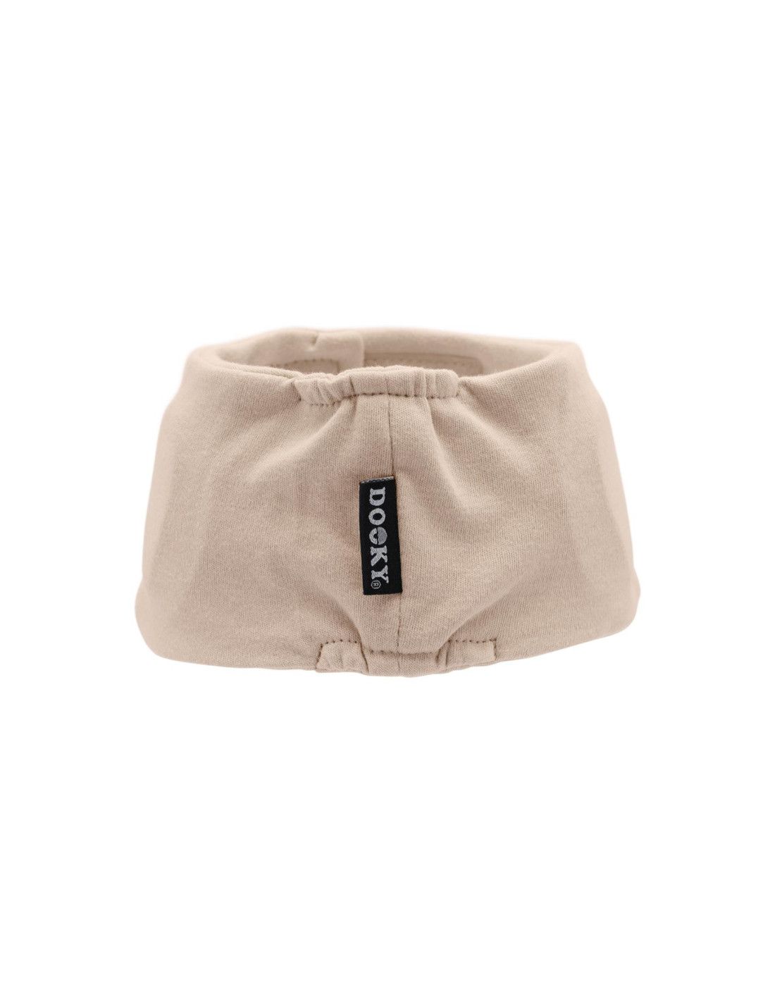 Beiges Baby-Kopfband mit Muster und schwarzem Etikett.