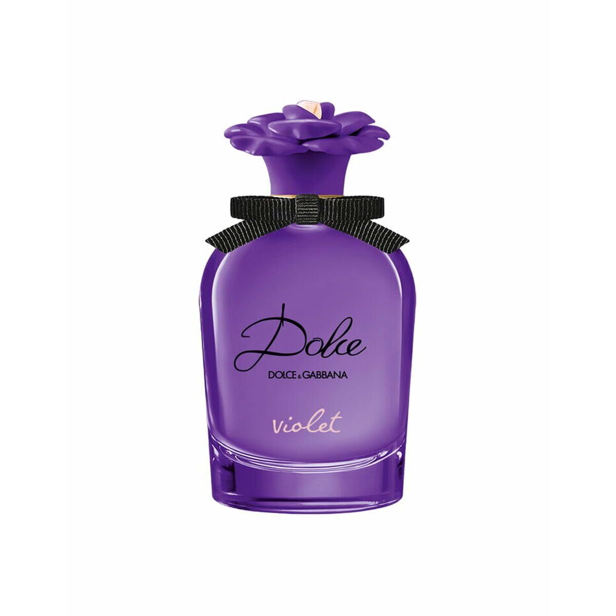 Violettfarbener Flakon mit blütenförmigem Deckel und schwarzer Schleife. Schriftzug 'Dolce' und 'Violet'.