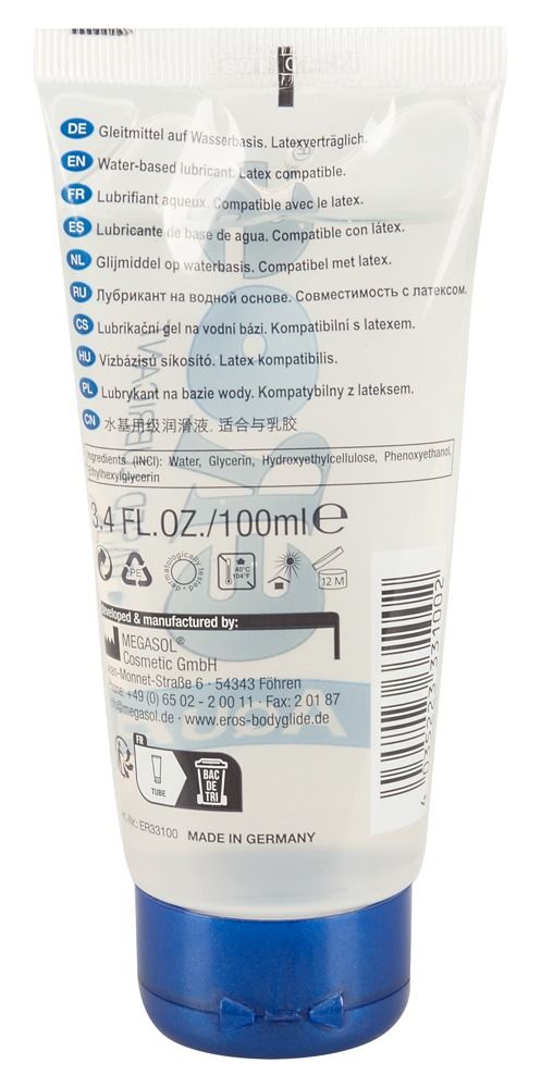 Rückseite der Tube mit Text. Aufschrift: EROS Aqua, Water Based Lubricant, Inhaltsstoffe, 100ml.
