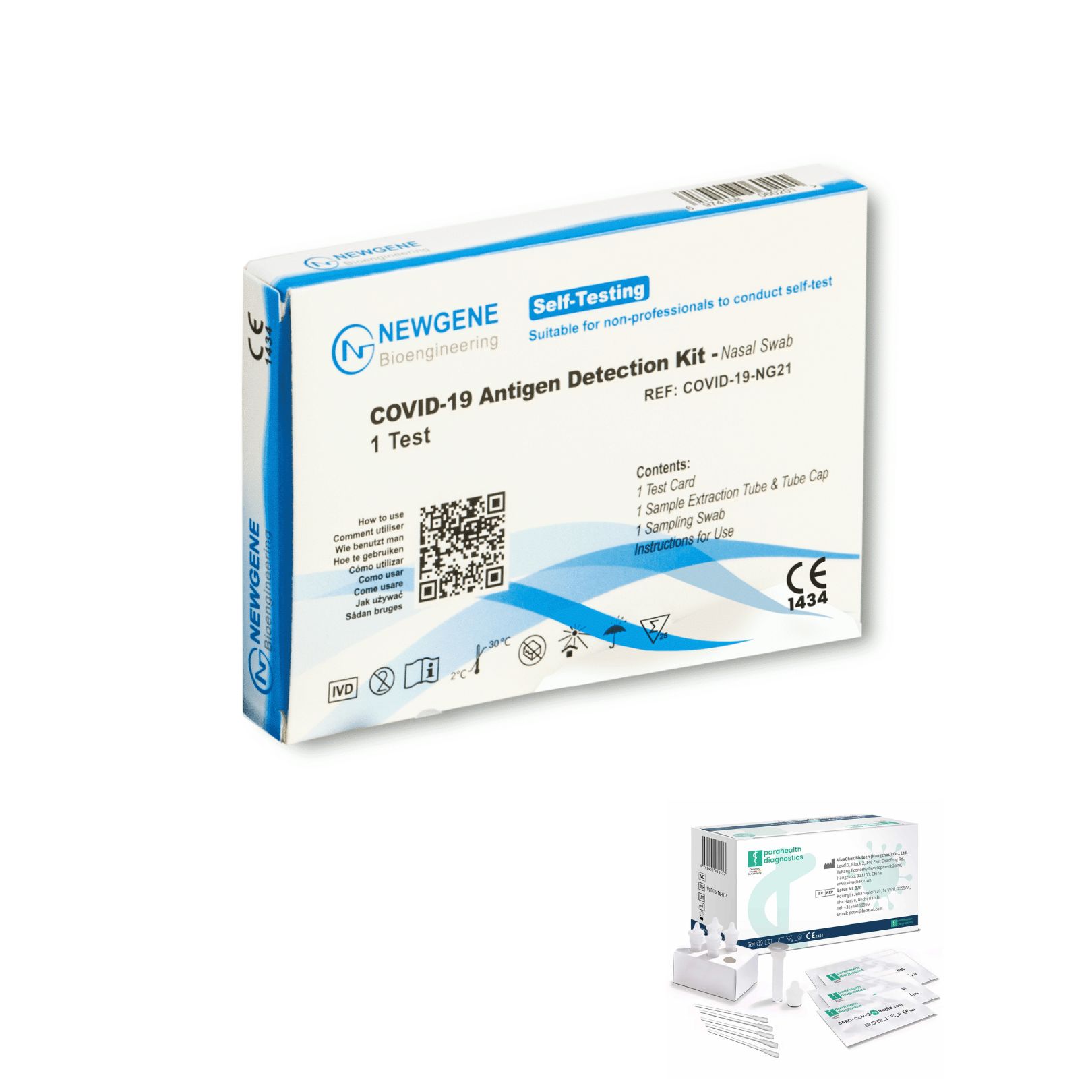 Schachtel mit Newgene COVID-19 Antigen Schnelltest. Enthält 1 Test. CE-Kennzeichnung. Nasenabstrich-Kit.