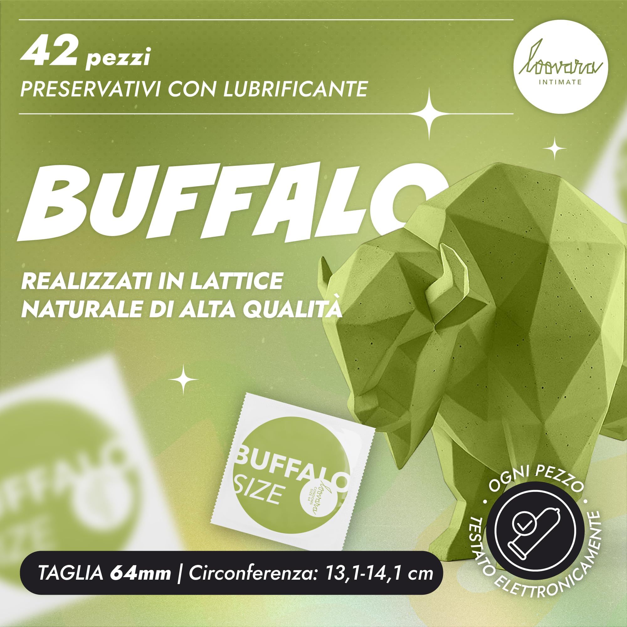 Loovara Buffalo XXL Kondompackung mit stilisierter Büffelgrafik und Einzelkondom.