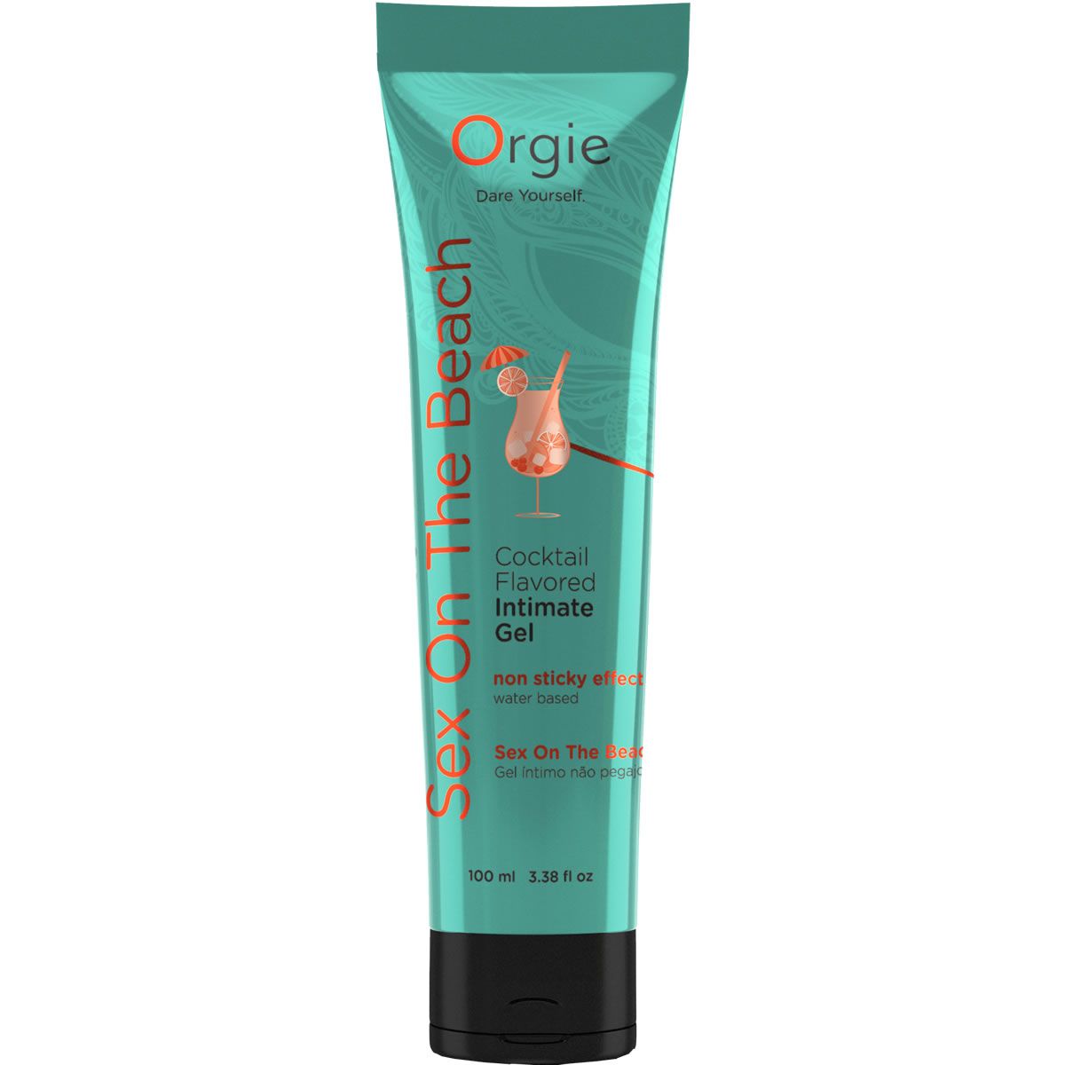Türkisfarbene Tube mit schwarzem Deckel. Aufdruck: Orgie, Cocktail-Motiv, "Sex On The Beach" und "Intimate Gel".