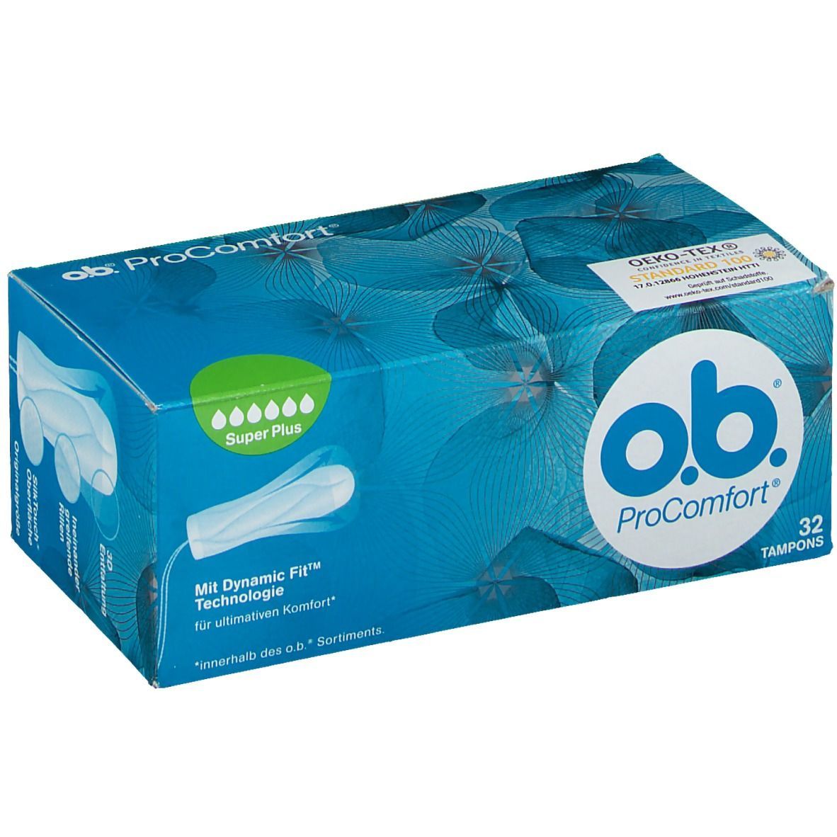 Blau-grüne Schachtel mit o.b. ProComfort Super Plus Tampons. Oben links das Logo von o.b. und das Öko-Tex-Siegel. 32 Tampons.