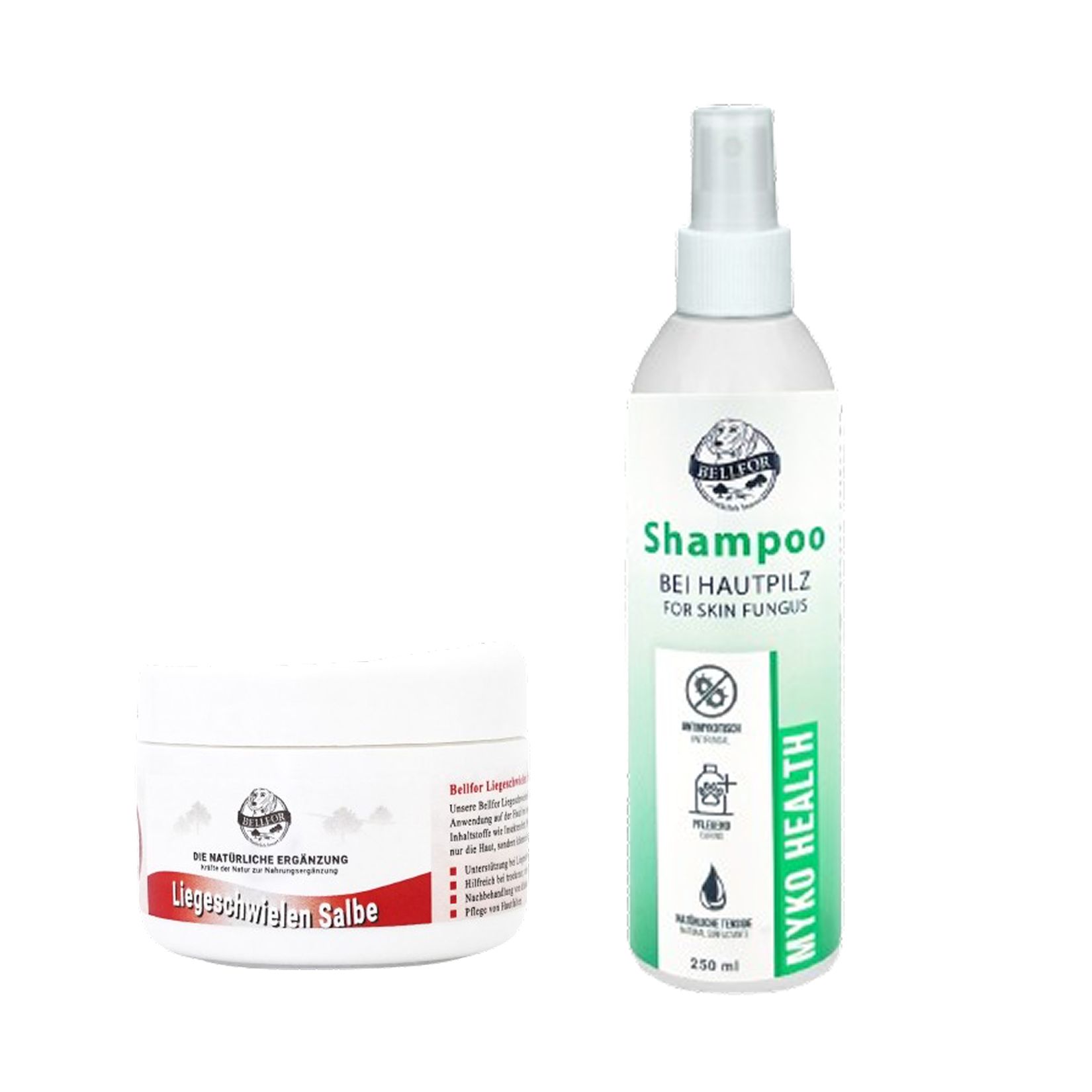 Zwei Behälter. Links: Creme-Dose mit Aufschrift 'Liegeschwielen Salbe'. Rechts: Sprühflasche mit 'Shampoo bei Hautpilz'.