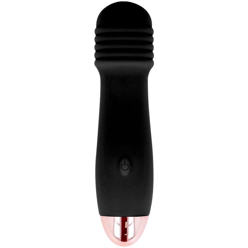 Schwarzer Silikon-Vibrator mit geripptem Kopf und roséfarbener Spitze. Ein Knopf ist auf dem Griff sichtbar.