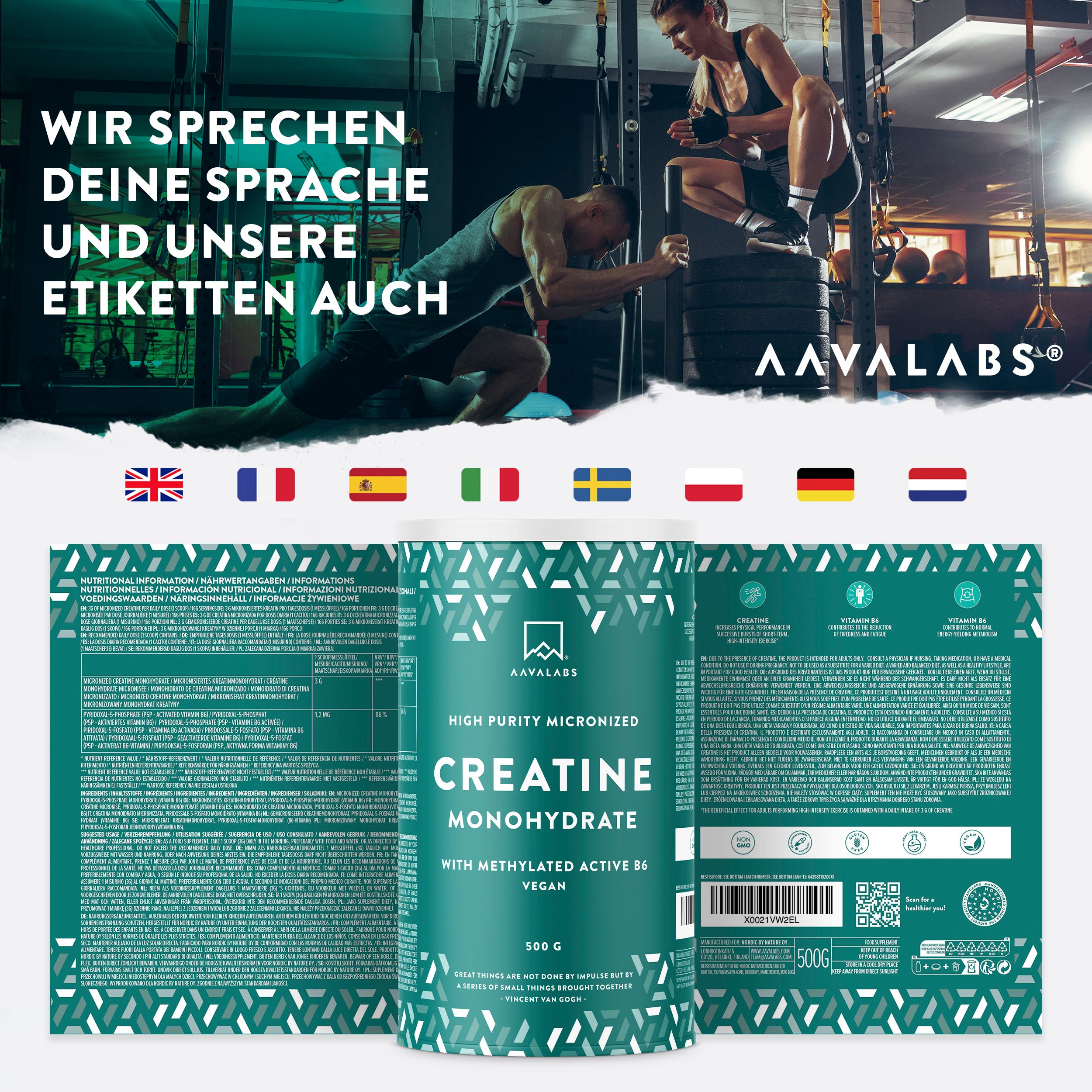 Dose mit Text in verschiedenen Sprachen. Marke: AAVALABS. Flaggen verschiedener Länder.