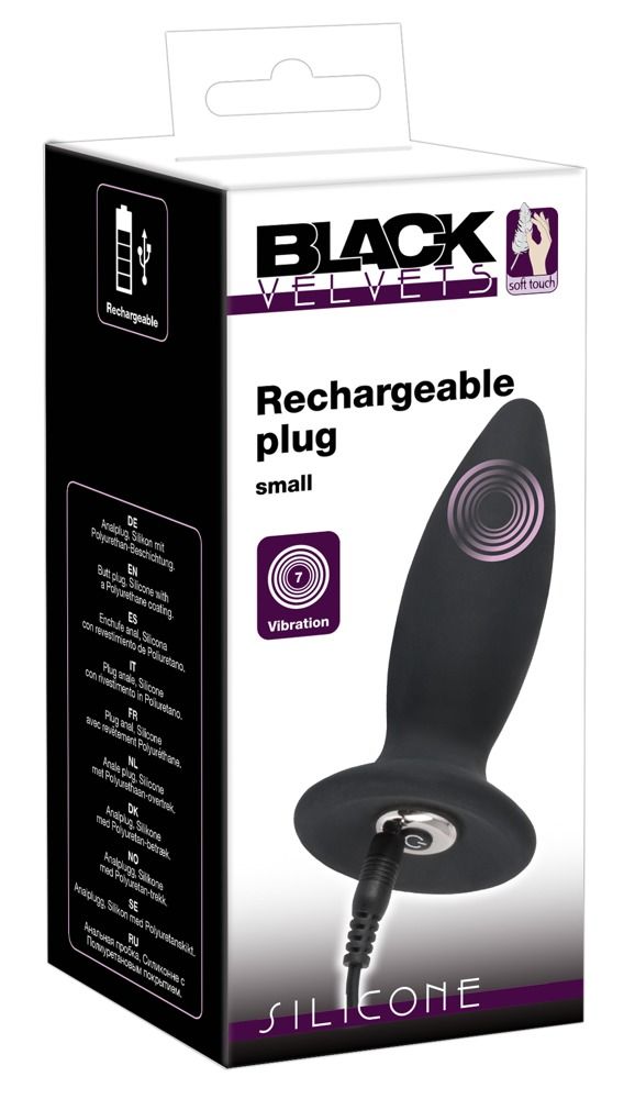 Verpackung von Black Velvets. Enthält einen schwarzen, aufladbaren Anal-Plug.