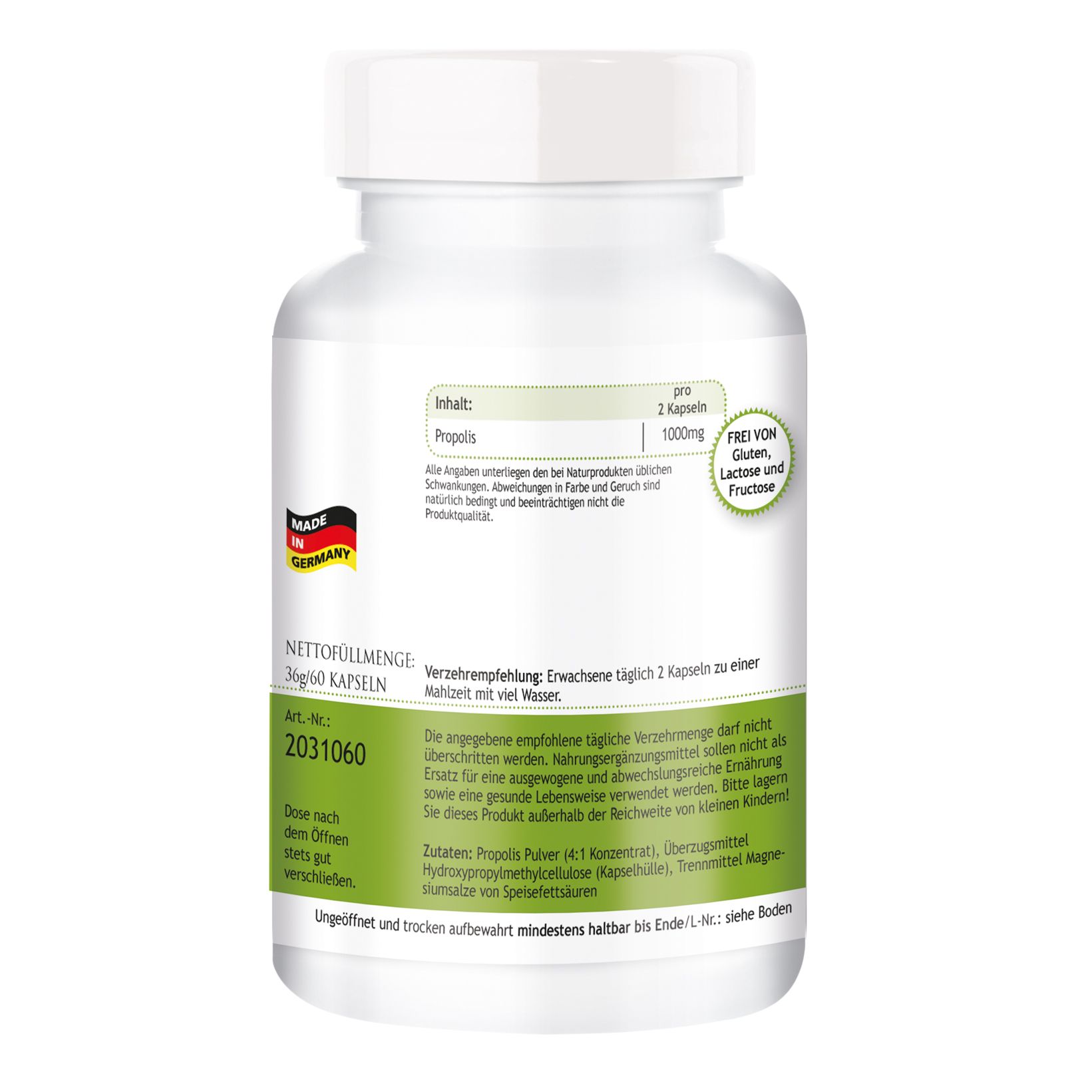 Weiße Flasche, Rückseite. Etikett mit Inhaltsangaben, darunter Propolis. Made in Germany. 60 Kapseln. Frei von Laktose/Fructose.