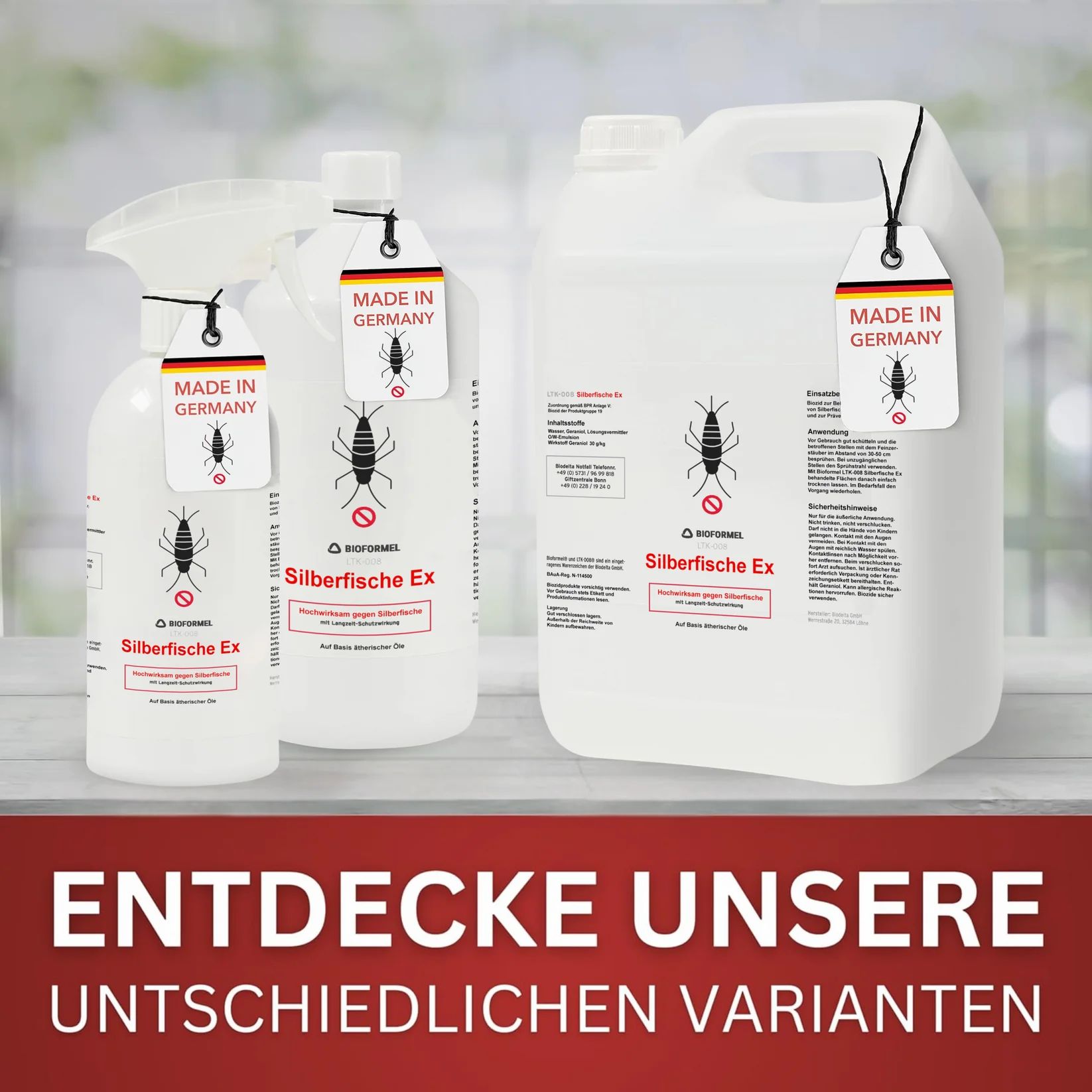 Drei Behälter: Sprühflasche, Flasche, Kanister. Text: 'Entdecke unsere unterschiedlichen Varianten'.