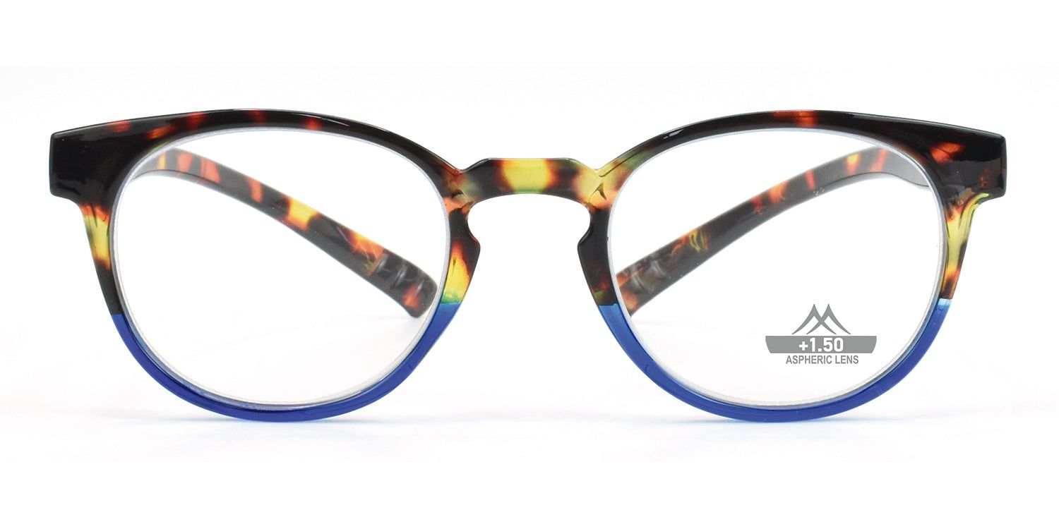 Runde Brille mit Schildpattmuster und blauen Akzenten. Auf dem Glas steht "+1.50".