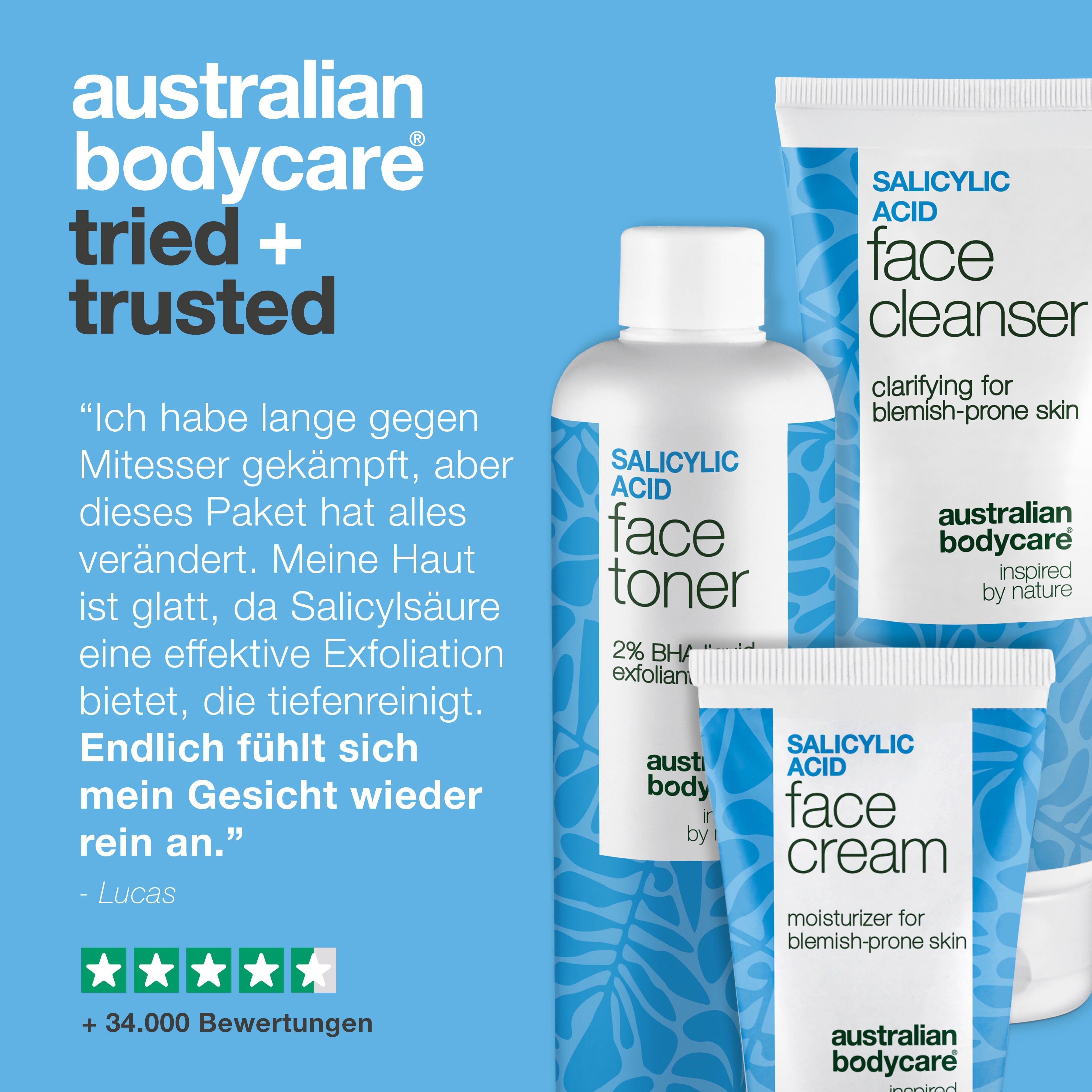 Gesichtswasser, Gesichtsreiniger und Gesichtscreme. Zitat: Lucas. Australian Bodycare. Getestet und vertraut.