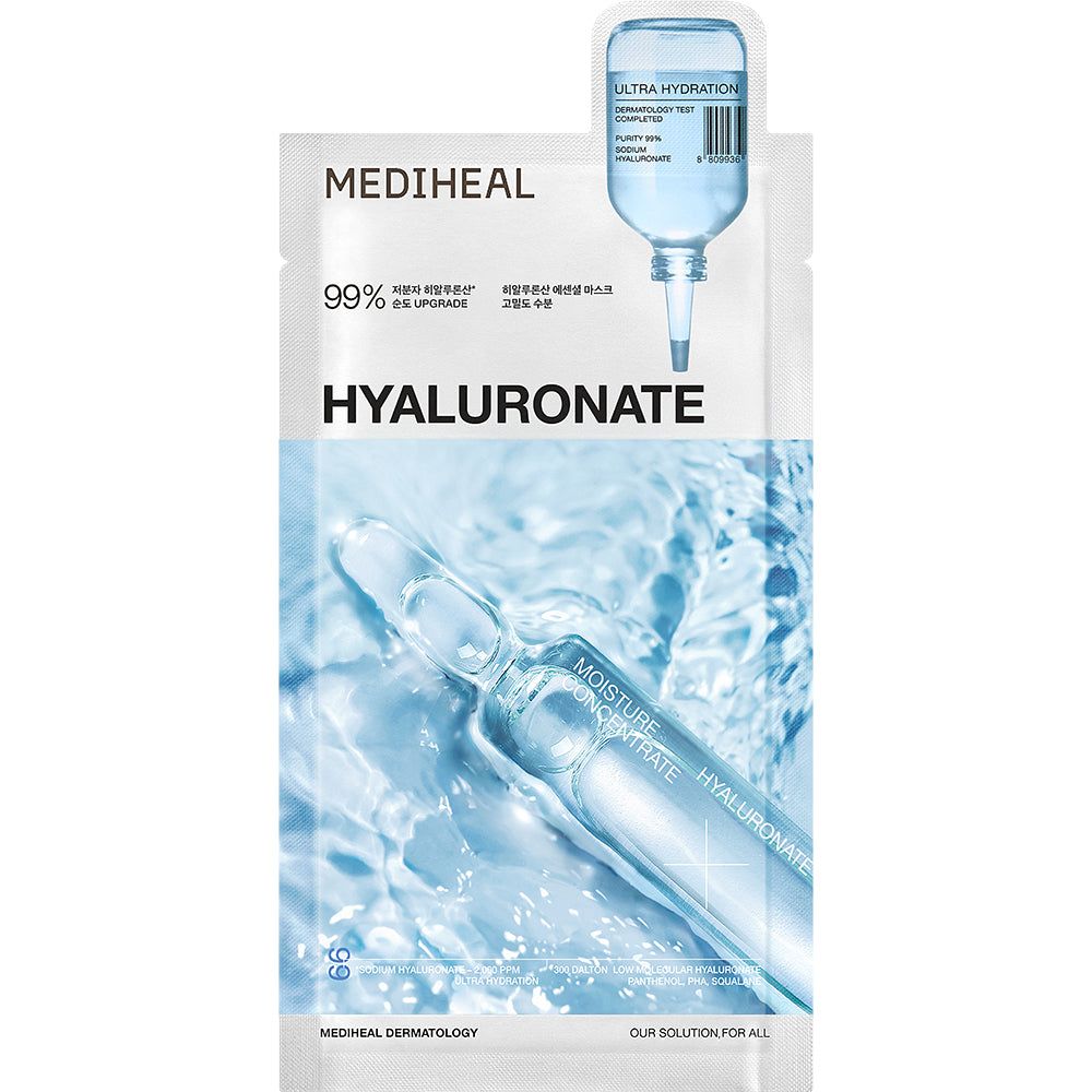 Verpackung mit MEDIHEAL Hyaluronate. Haupttext: Hyaluronate. Abbildung einer Ampulle und Wassertropfen. 99% für verbesserte Feuchtigkeit.
