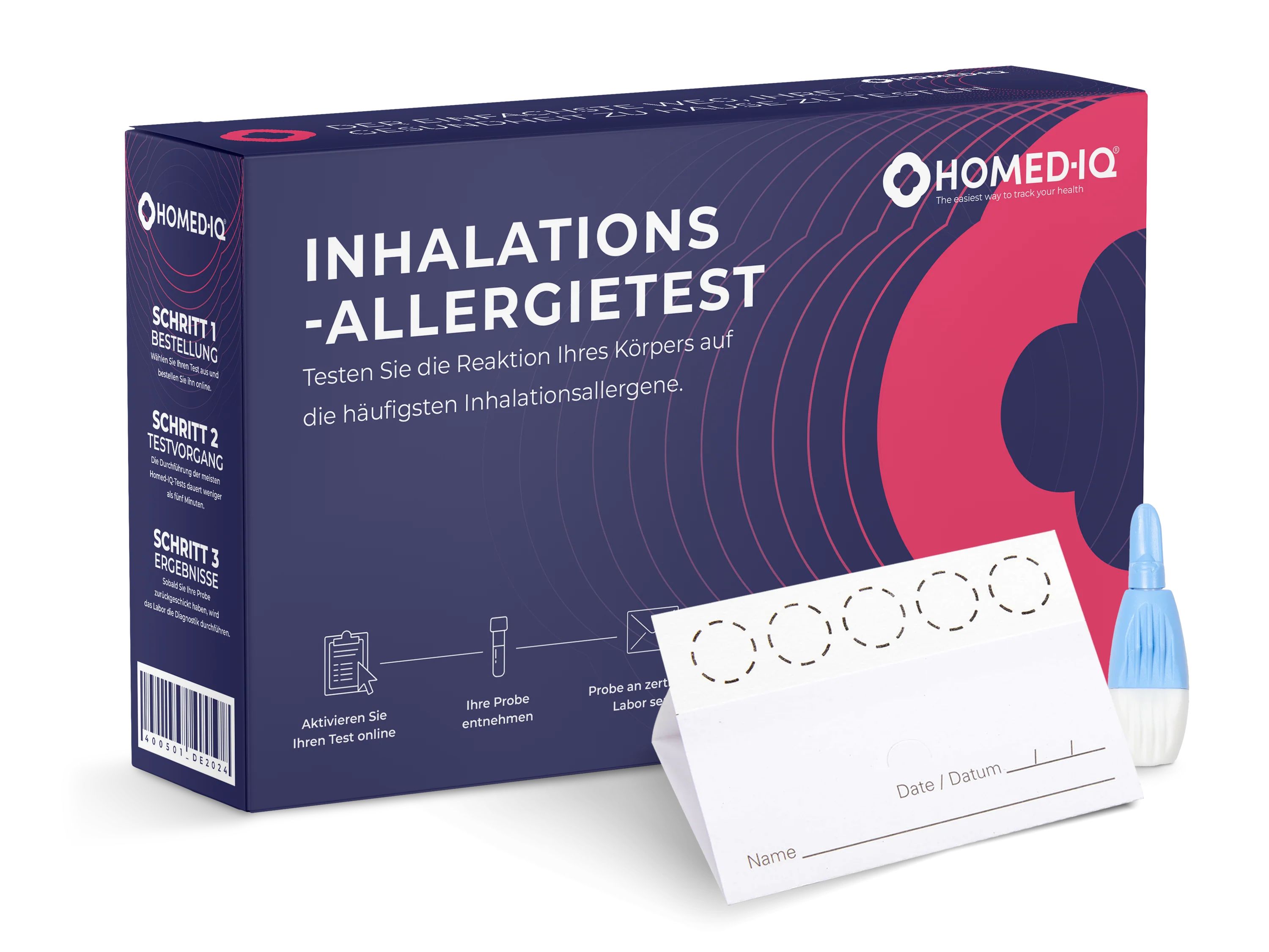 Homed-IQ Inhalations-Allergietest-Kit. Enthält eine Schachtel, ein Testkärtchen und eine blaue Pipette. Auf der Schachtel steht "Inhalations-Allergietest".