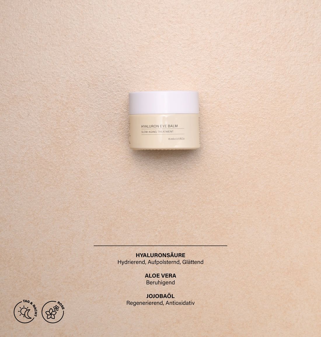 Beige Tiegel mit weißem Deckel, Produktname und Text. Darunter Text über Inhaltsstoffe: Hyaluronsäure, Aloe Vera, Jojobaöl.