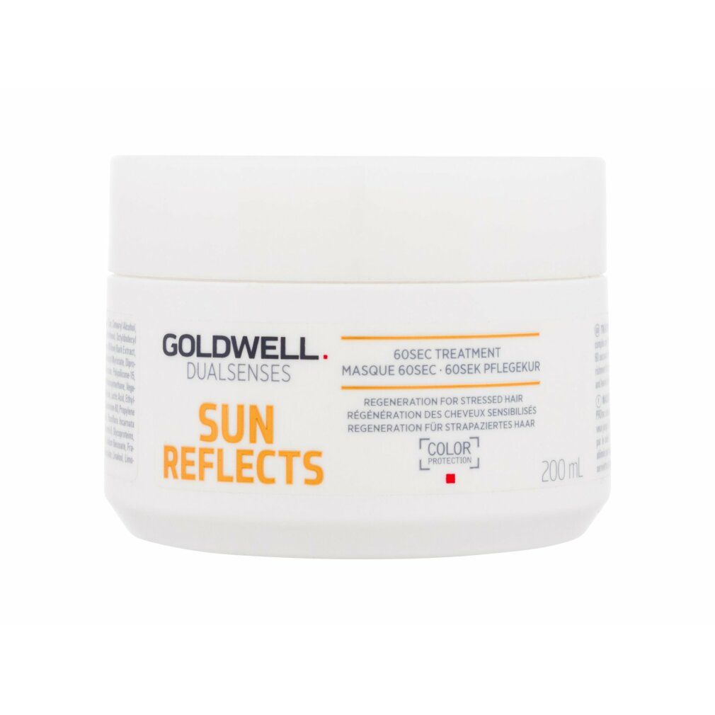 Weißer Tiegel Goldwell Dualsenses Sun Reflects. Aufschrift Sun Reflects, 60sec Treatment, Color Protection. 200ml.