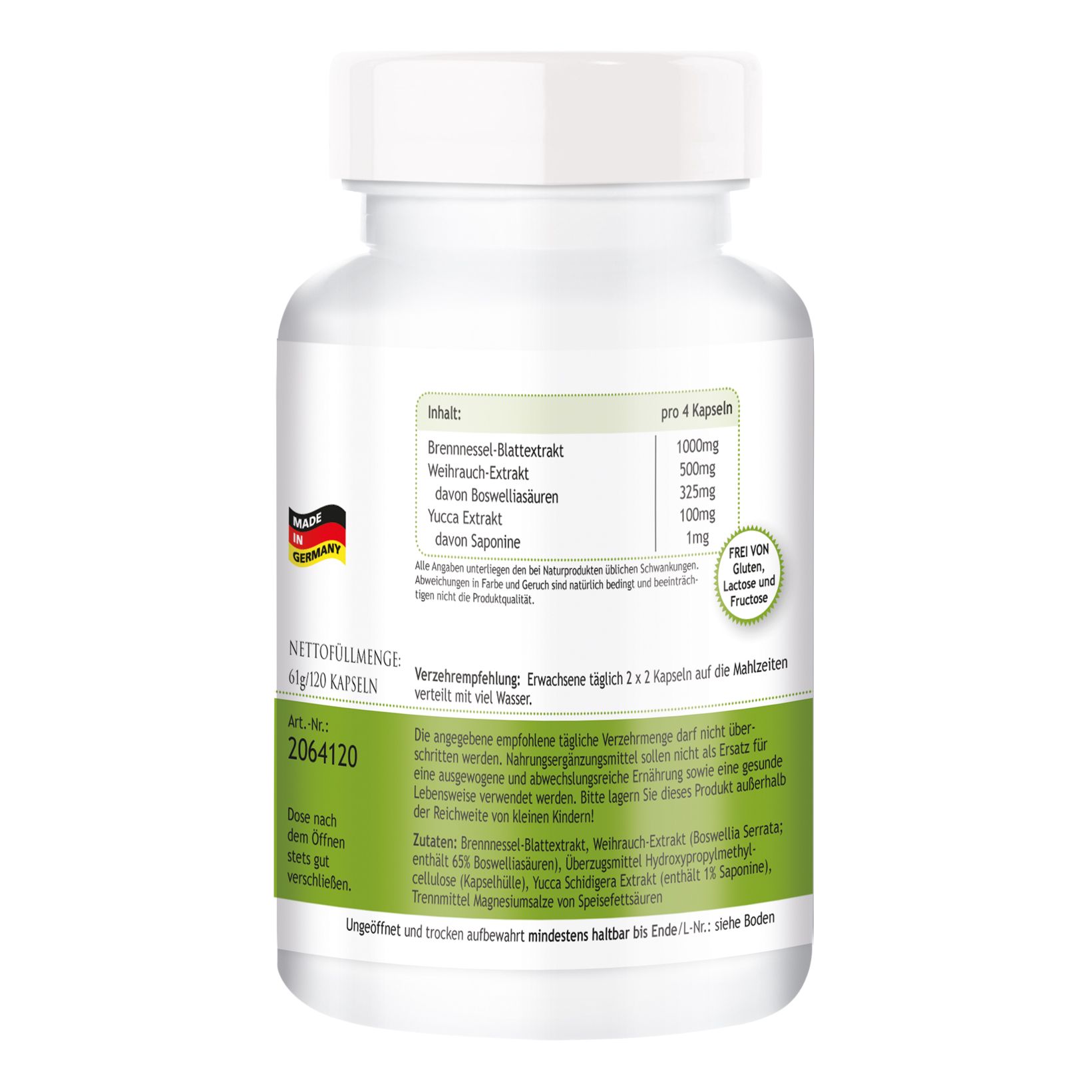 Weißes Pillenfläschchen, Rückseite mit Etikett. Inhaltsangaben, Nährwertangaben, Verzehrempfehlung. Siegel: Made in Germany. 120 Kapseln.