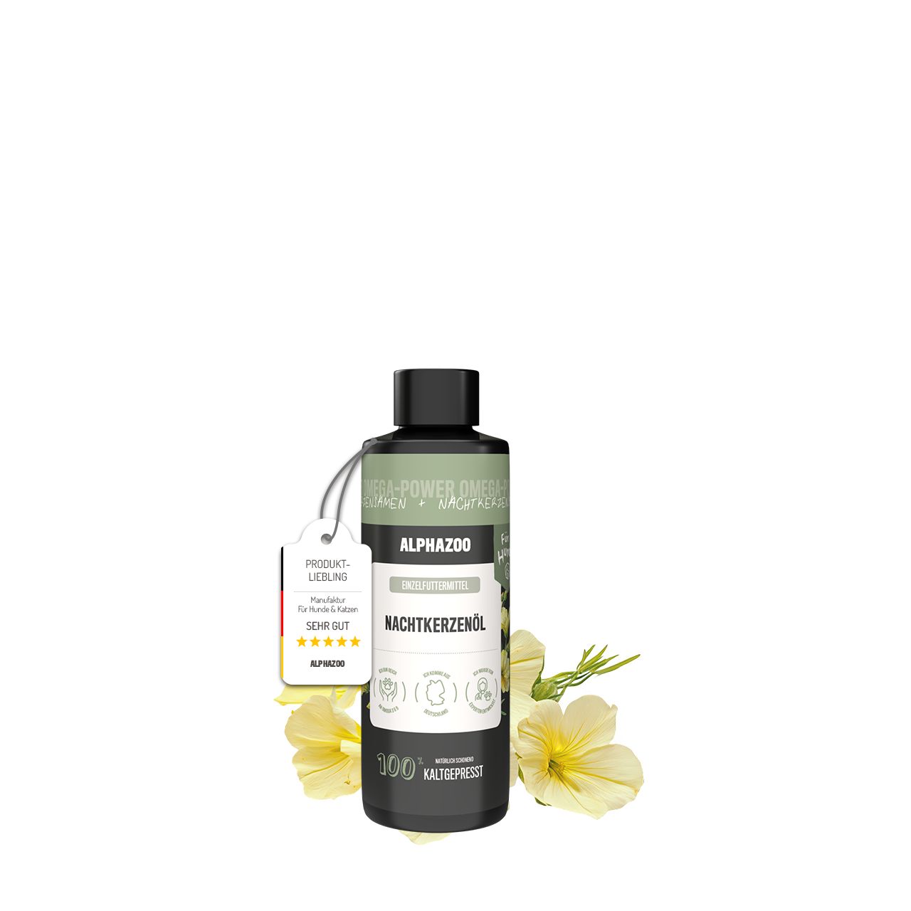 Schwarze Flasche mit Etikett und Anhänger. Text: ALPHAZOO Nachtkerzenöl. 100% kaltgepresst. Gelbe Blüten. Produkt-Liebling.