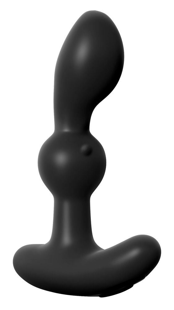 Schwarzer Silikon-Prostatavibrator mit T-Griff und gebogener Spitze.